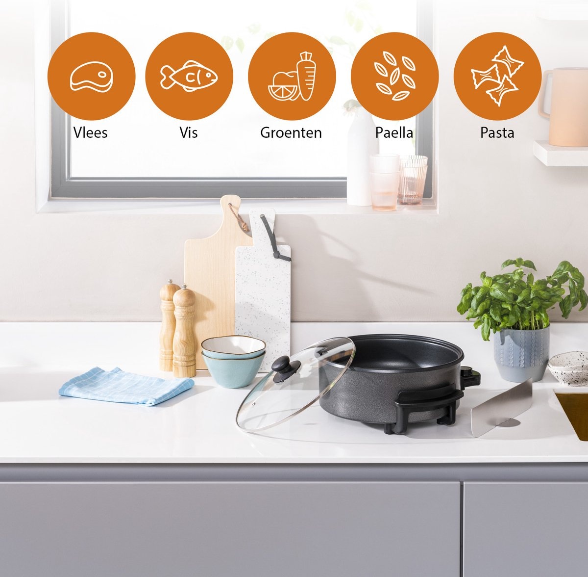 Tristar Elektrische hapjespan 1500W - PZ-9135 - Ø30cm Deksel - Maximale temperatuur 250⁰ C - PFAS-vrij