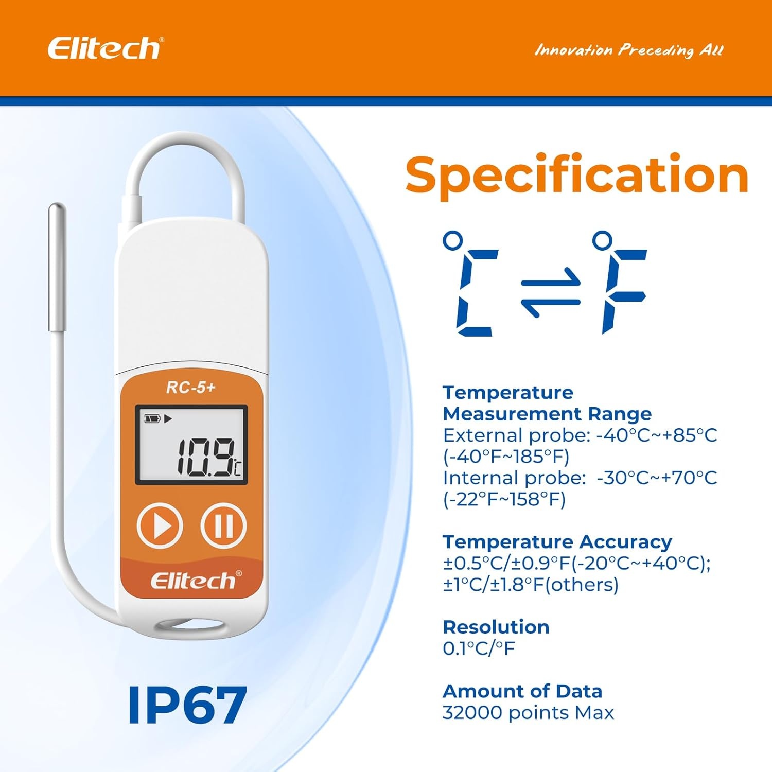 Elitech RC-5+ TE PDF USB Datalogger | -40~85°C | 32000 Punten | 43% Korting!