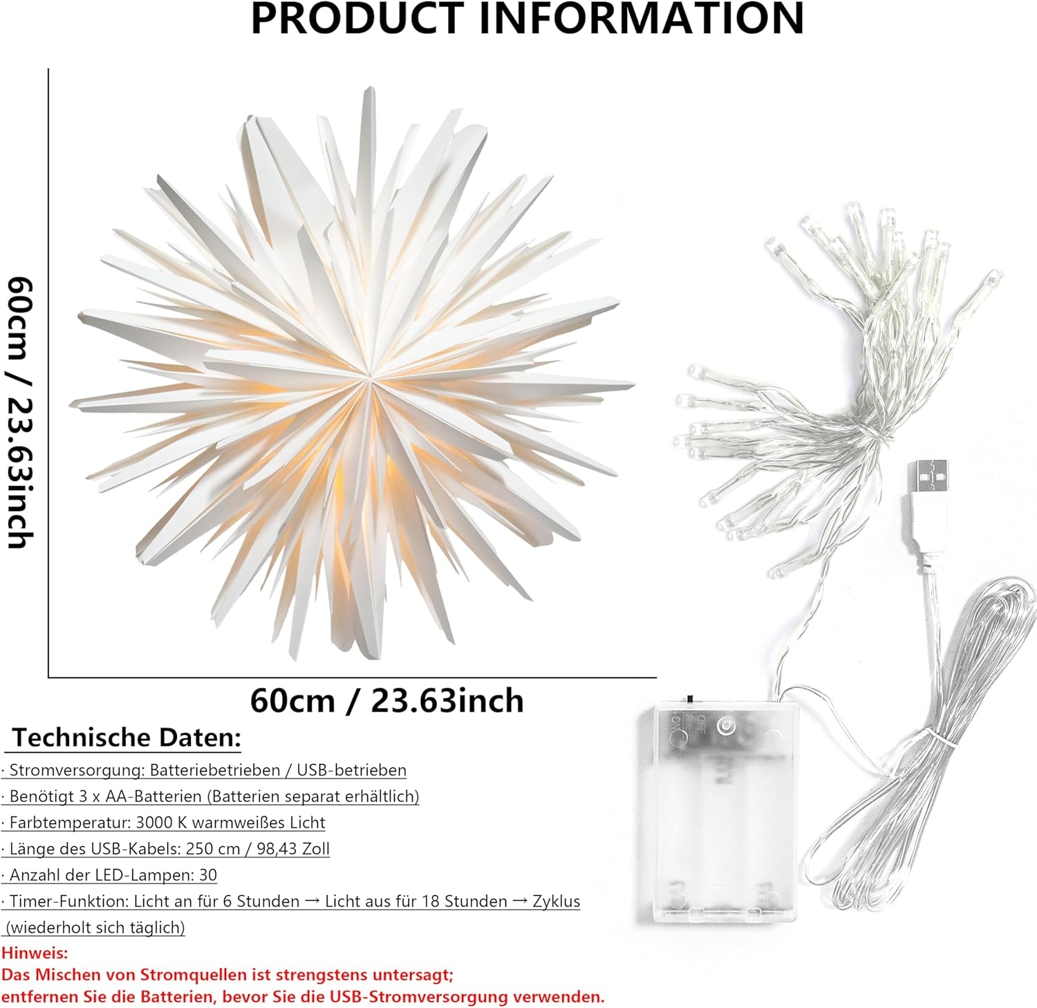 Kerstster Papier Verlicht Wit 60cm - 37% Korting!