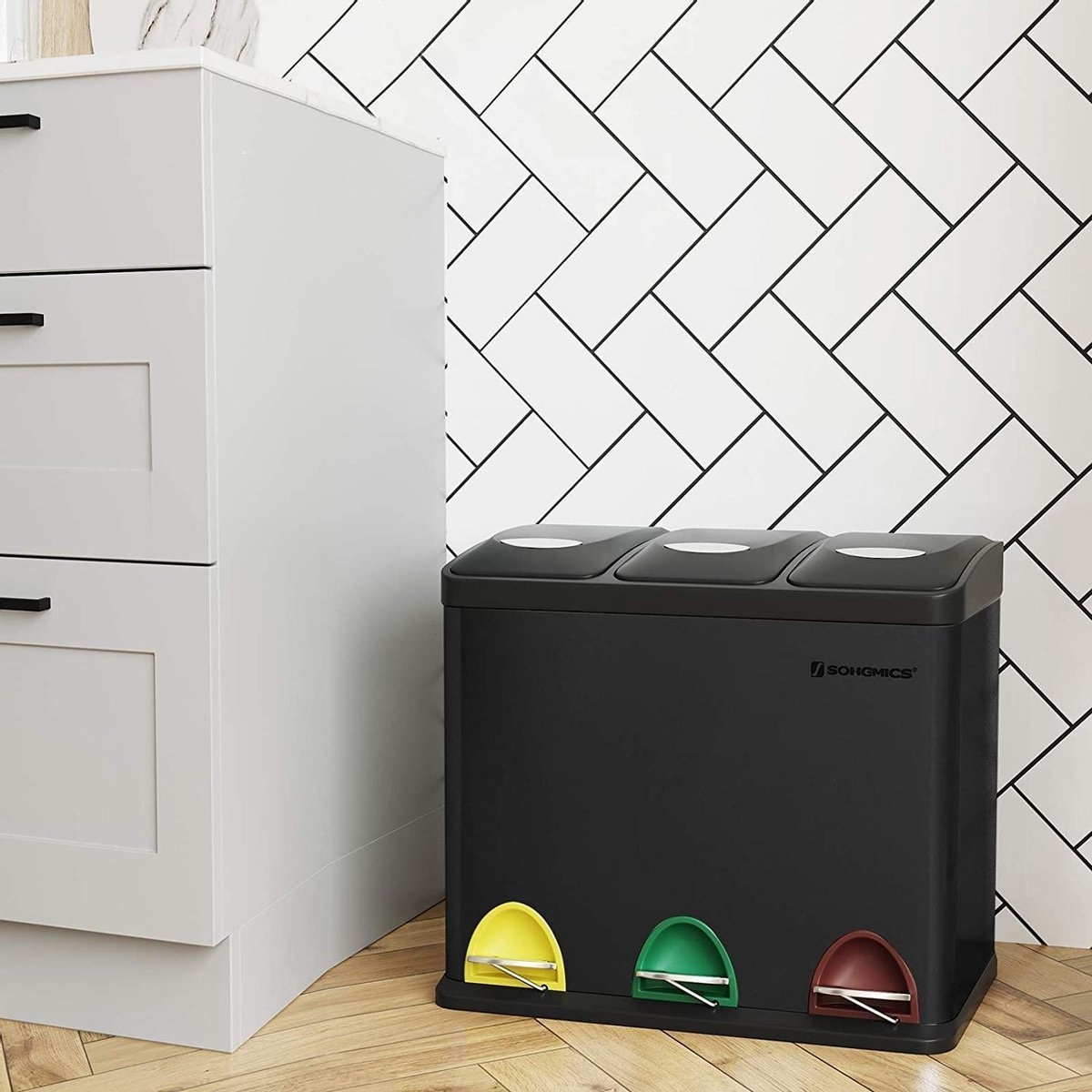 Vuilnisbak met 3 compartimenten - Zwart | 30% Korting