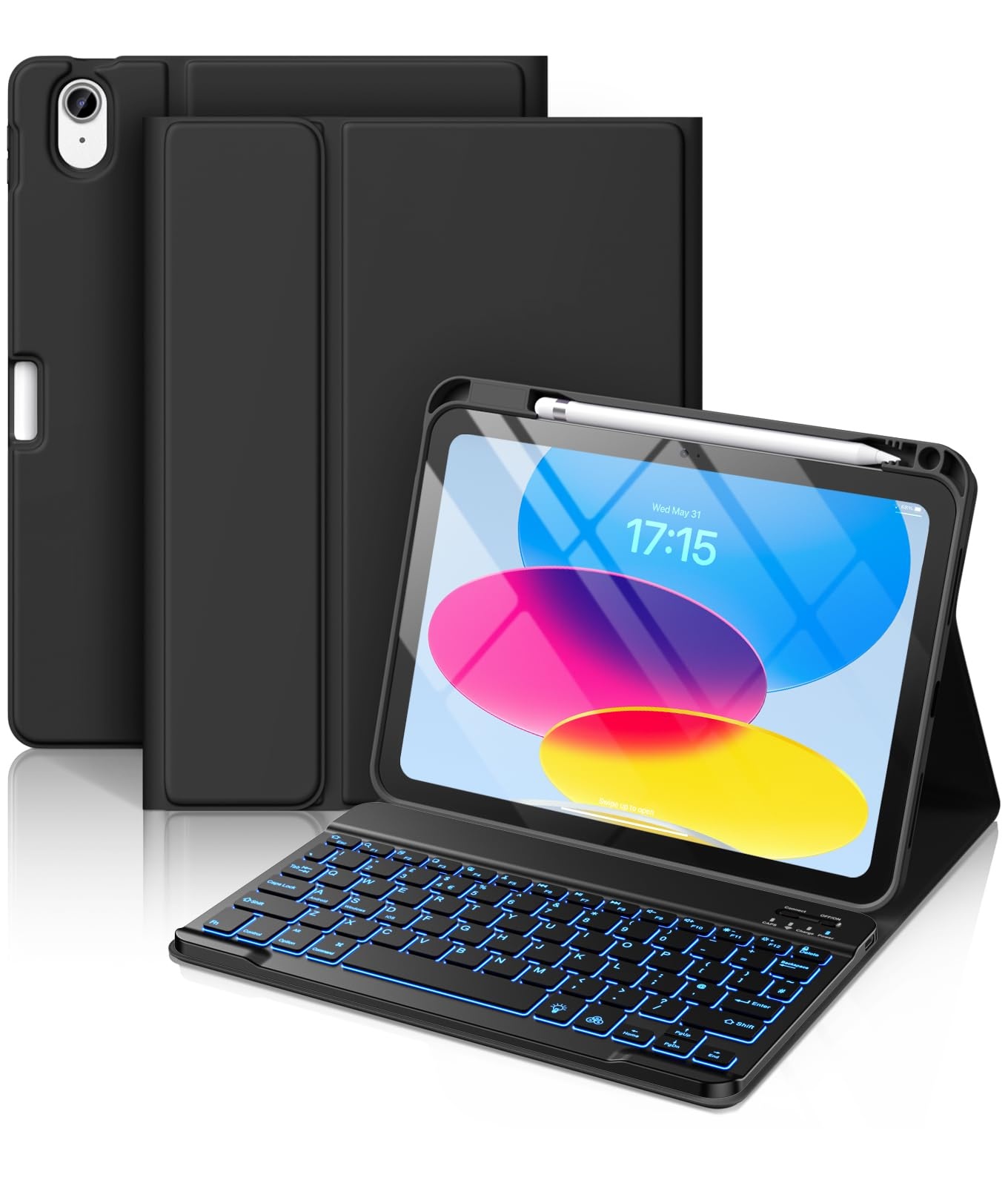 Vobafe iPad 10 Generation Case with Keyboard 10.9 inch 2022, 7 Colors Backlit Wireless Detachable Keyboard, Flexible TPU Case with Pen Holder for New iPad 10th Generation, Black