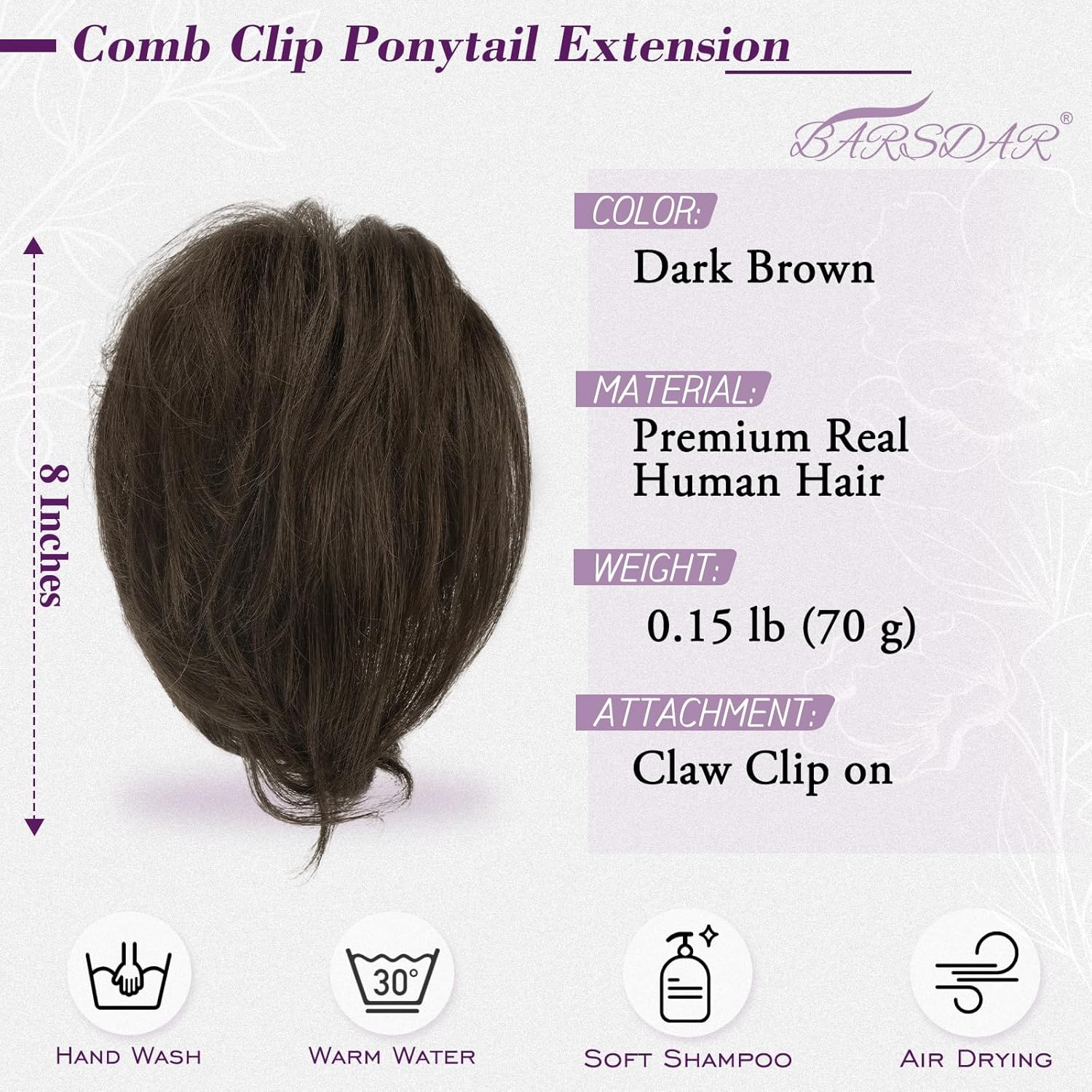 BARSDAR Korte Echt Haar Paardenstaart Extension met Buigzame Metalen, 20cm Klauw Clip Echt Haar Donker Bruin Messy Bun Haarstukje voor Vrouwen DIY Stijlen Dikke Natuurlijk Paardenstaart Dagelijks