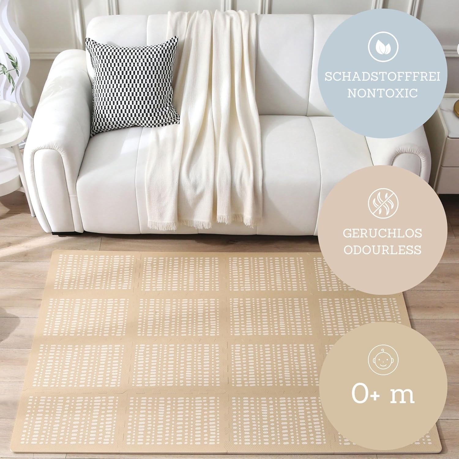 Stylish Baby Play Mat 1.7x1.2m, Sand - 16 XL Foam Play Mat Tiles Hygge Design - Thick Puzzle Mat for Baby Crawling, Soft Play, Playpen - Non-Toxic, Odourless, Easy-care, Washable Foam Mats for Kids