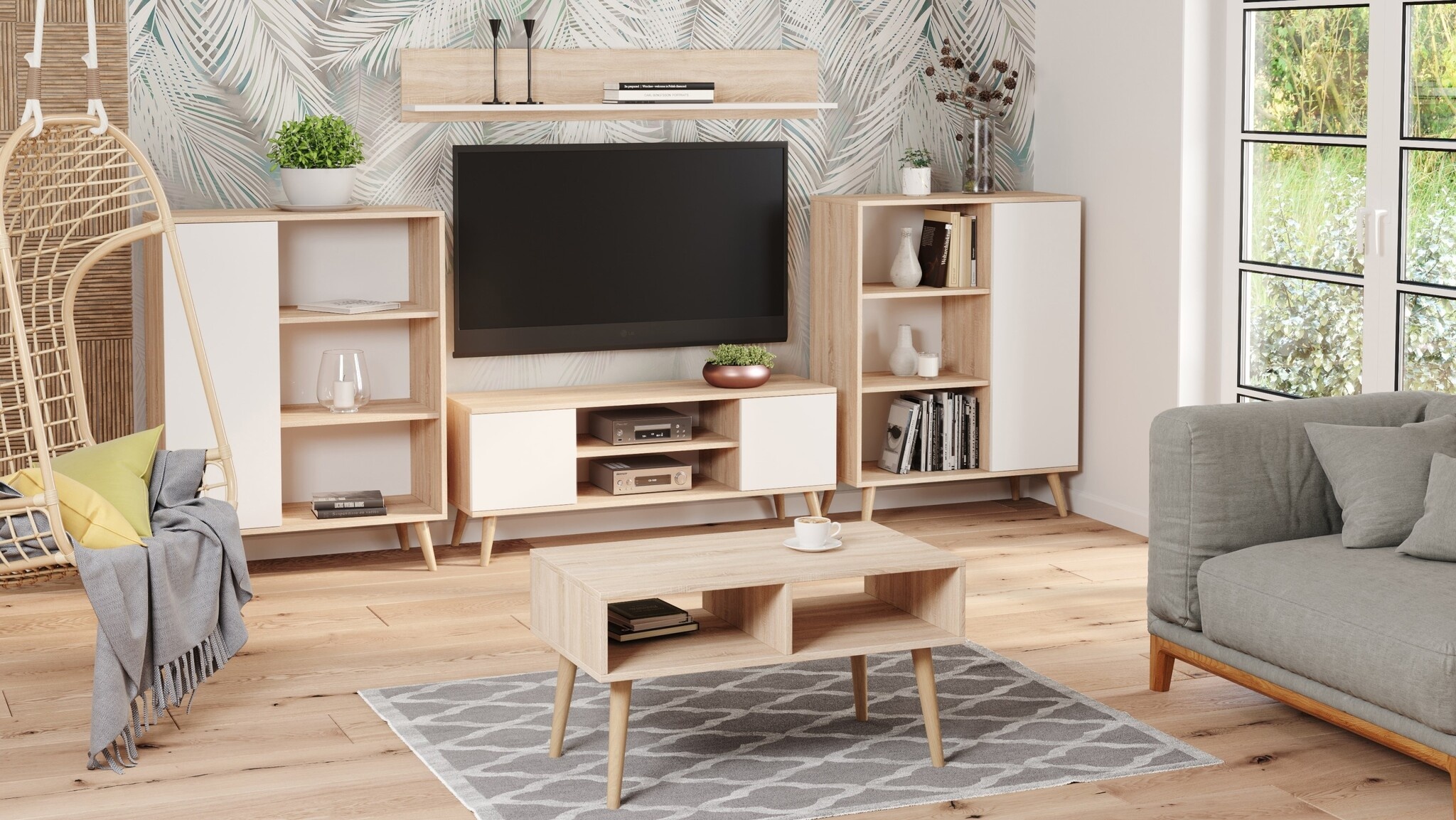 TV-meubel Beige Wit met Houten Poten - 155x40x50 cm - 55% Korting!