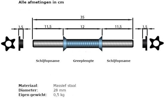 Curl Halterstang 30 mm met schroefdraad 35 cm lengte