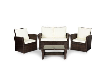 Loungeset Tuin - 4 Persoons - Polyrattan - Bruin/Wit - Nu met 35% Korting!