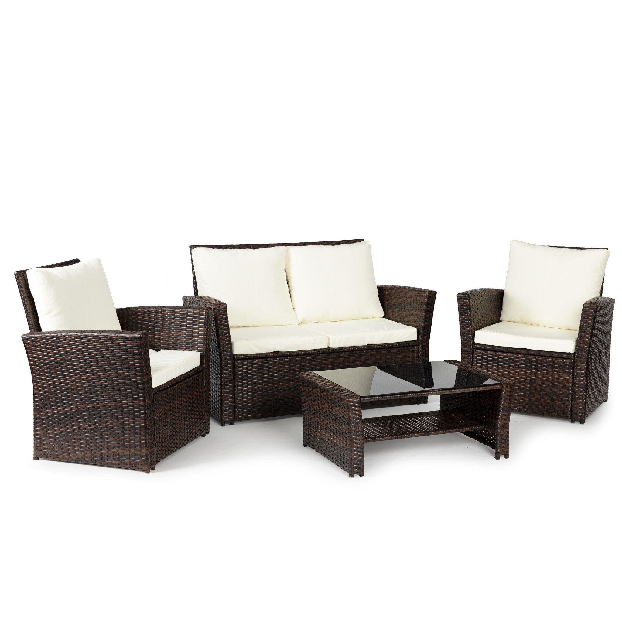 Loungeset Tuin - 4 Persoons - Polyrattan - Bruin/Wit - Nu met 35% Korting!