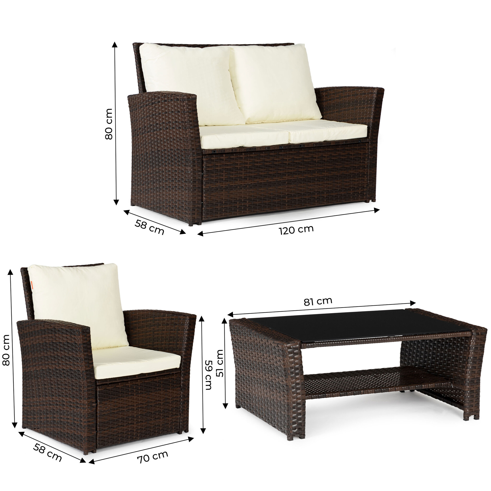 Loungeset Tuin - 4 Persoons - Polyrattan - Bruin/Wit - Nu met 35% Korting!