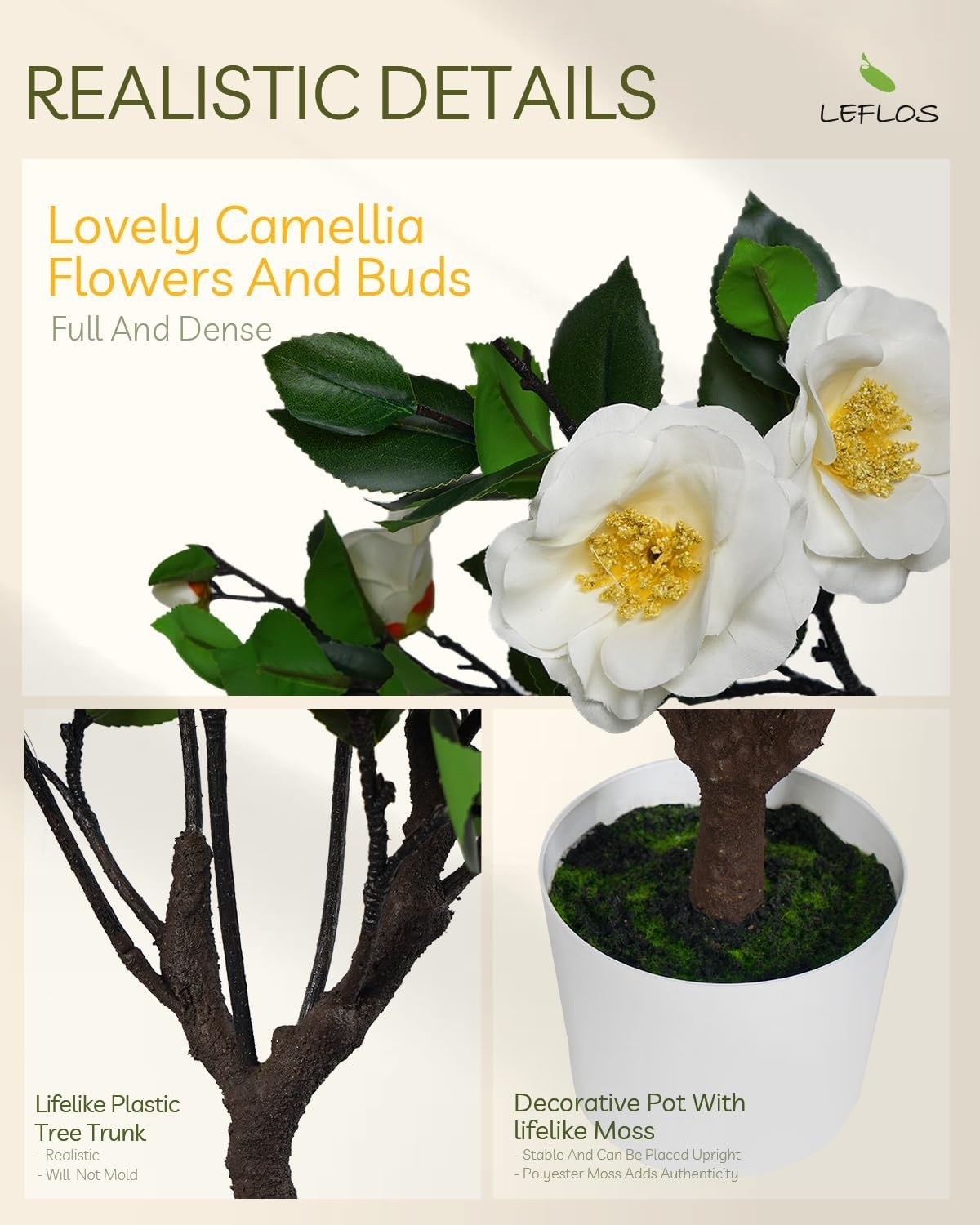 3ft Kunst Kamelia Boom - Wit, 40 Bloemen - 30% Korting!