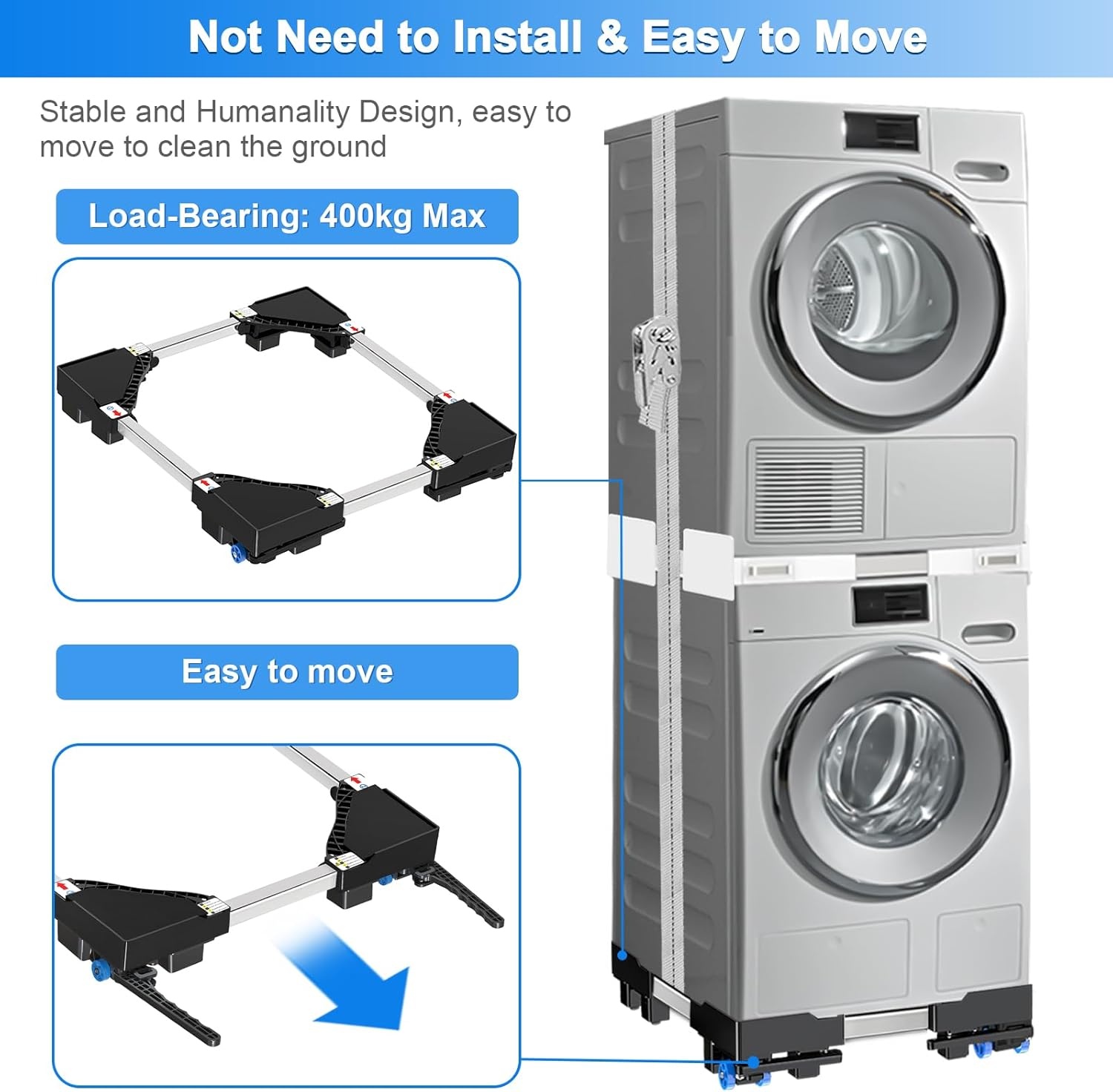 NIUXX Was/Droger Onderstel met Wielen & Rem - Verstelbaar - Zwart - 30% Korting