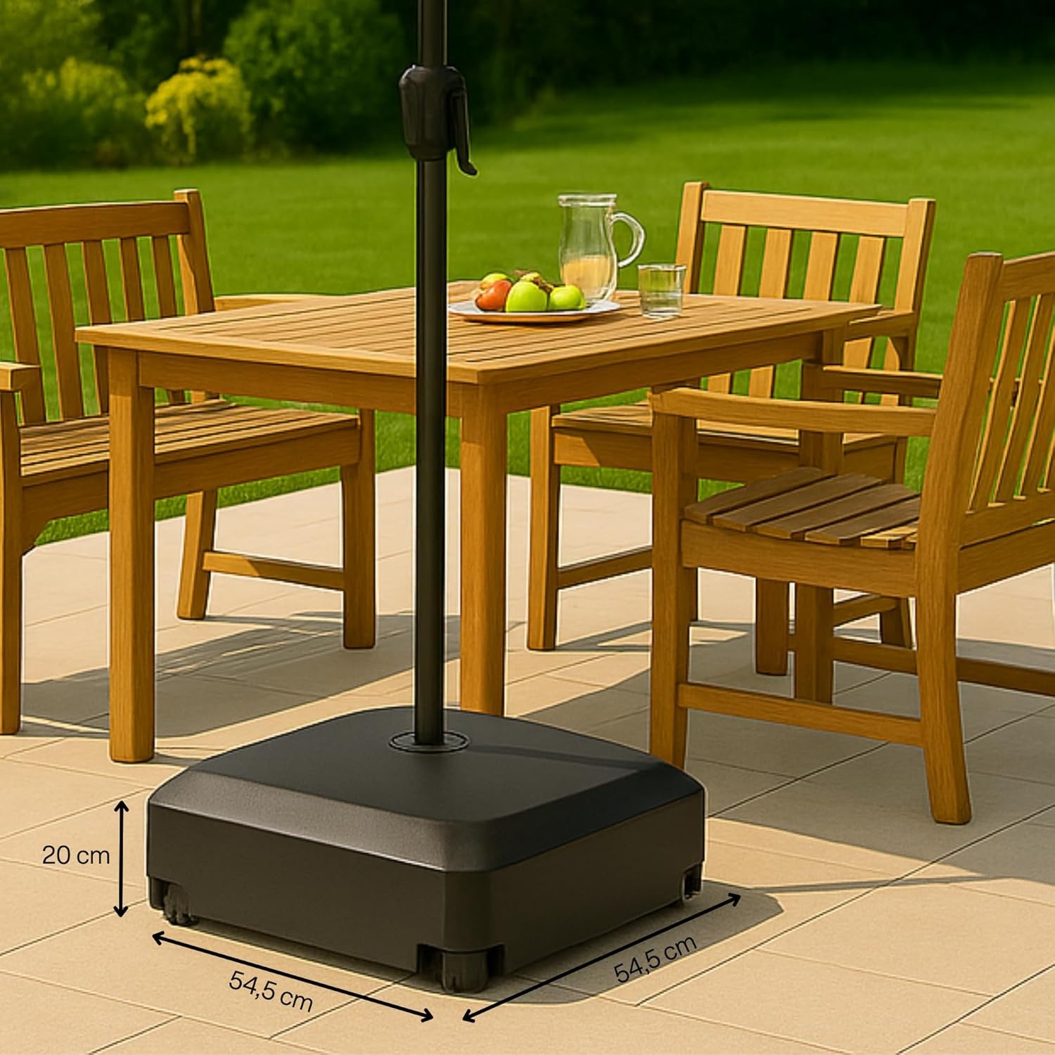 Parasolstandaard met wielen - vulbare parasolstandaard met water of zand max. 76 kg - zweefparasol van kunststof voor parasolstokken 32 en 38 mm, windbestendig ontwerp 54,5x54,5x20 cm