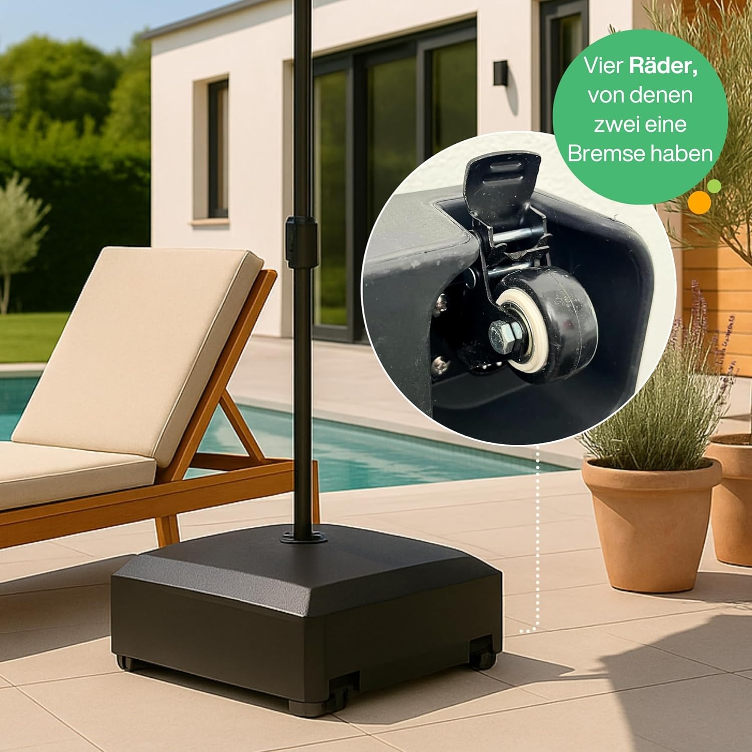 Parasolstandaard met wielen - vulbare parasolstandaard met water of zand max. 76 kg - zweefparasol van kunststof voor parasolstokken 32 en 38 mm, windbestendig ontwerp 54,5x54,5x20 cm