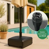 Parasolstandaard met wielen - vulbare parasolstandaard met water of zand max. 76 kg - zweefparasol van kunststof voor parasolstokken 32 en 38 mm, windbestendig ontwerp 54,5x54,5x20 cm