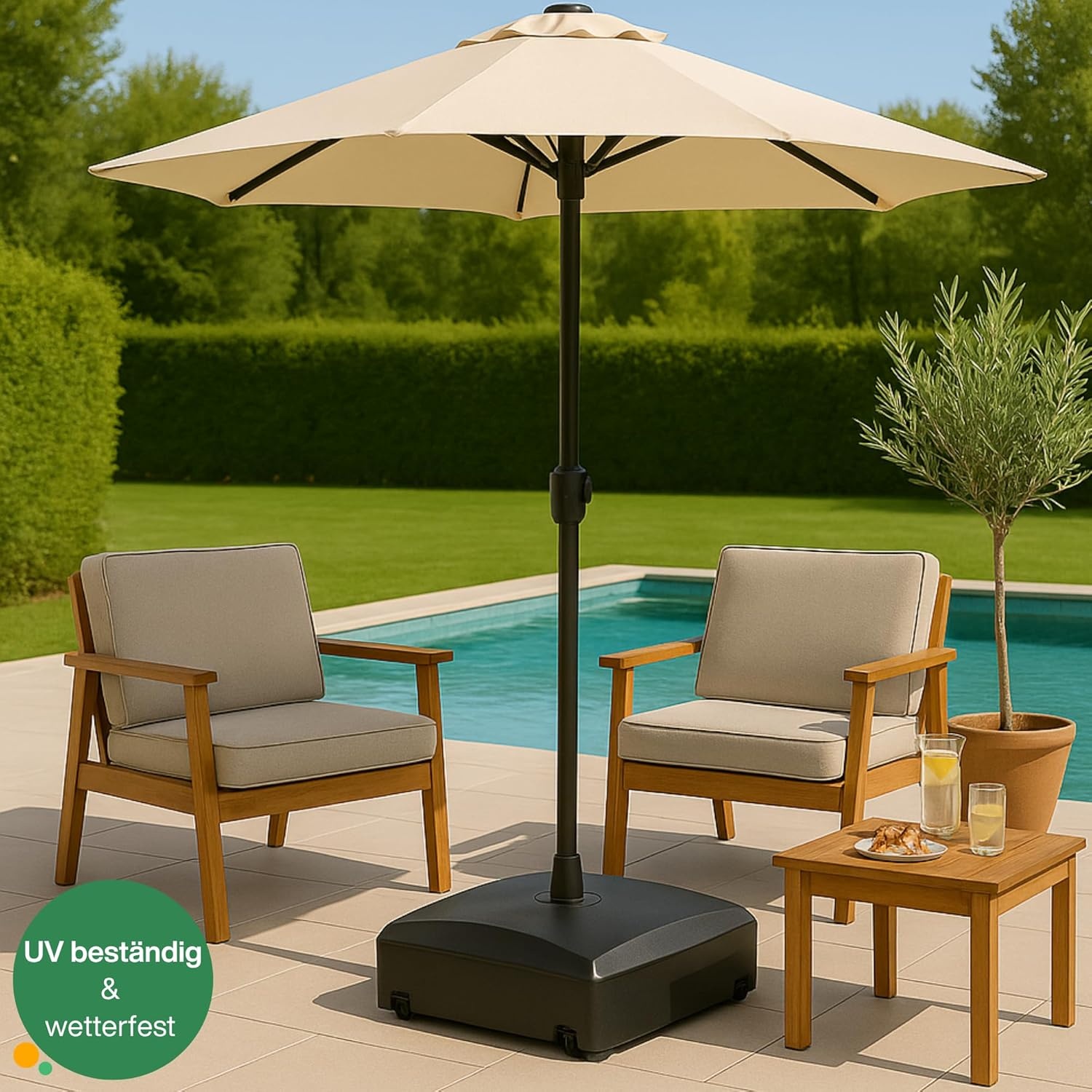 Parasolstandaard met wielen - vulbare parasolstandaard met water of zand max. 76 kg - zweefparasol van kunststof voor parasolstokken 32 en 38 mm, windbestendig ontwerp 54,5x54,5x20 cm