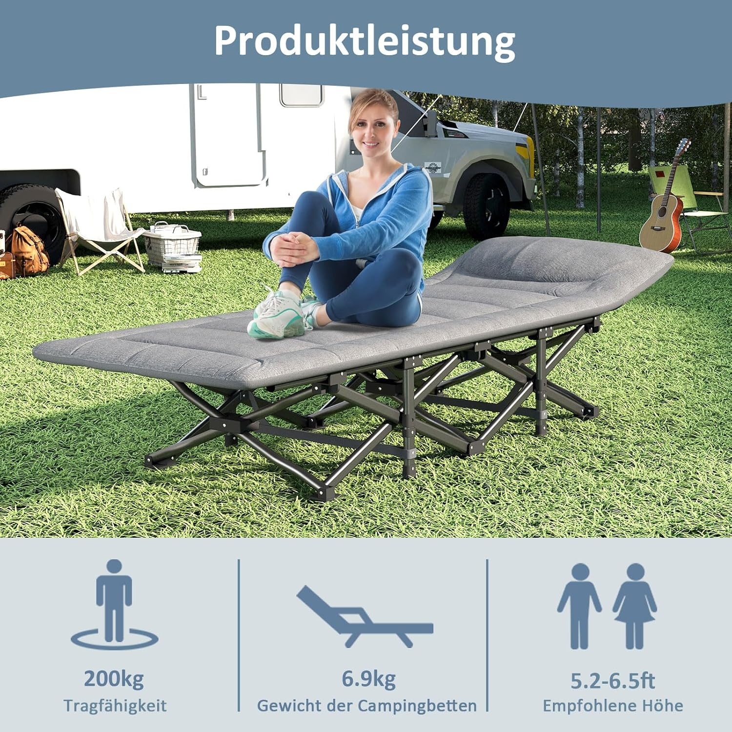 Campingbed, veldbed, inklapbaar, logeerbed, tot 200 kg, voor indoor, outdoor en tuin