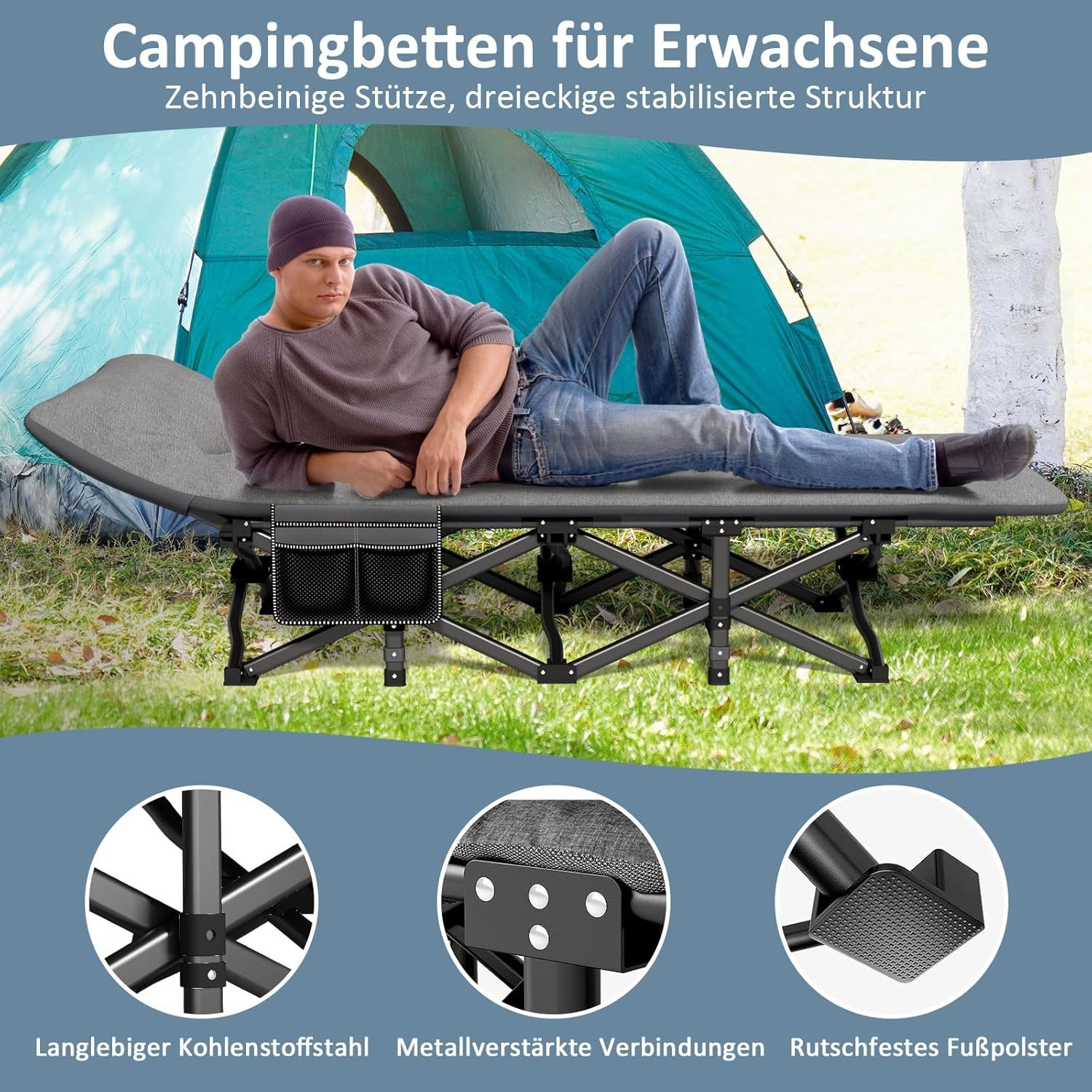 Campingbed, veldbed, inklapbaar, logeerbed, tot 200 kg, voor indoor, outdoor en tuin