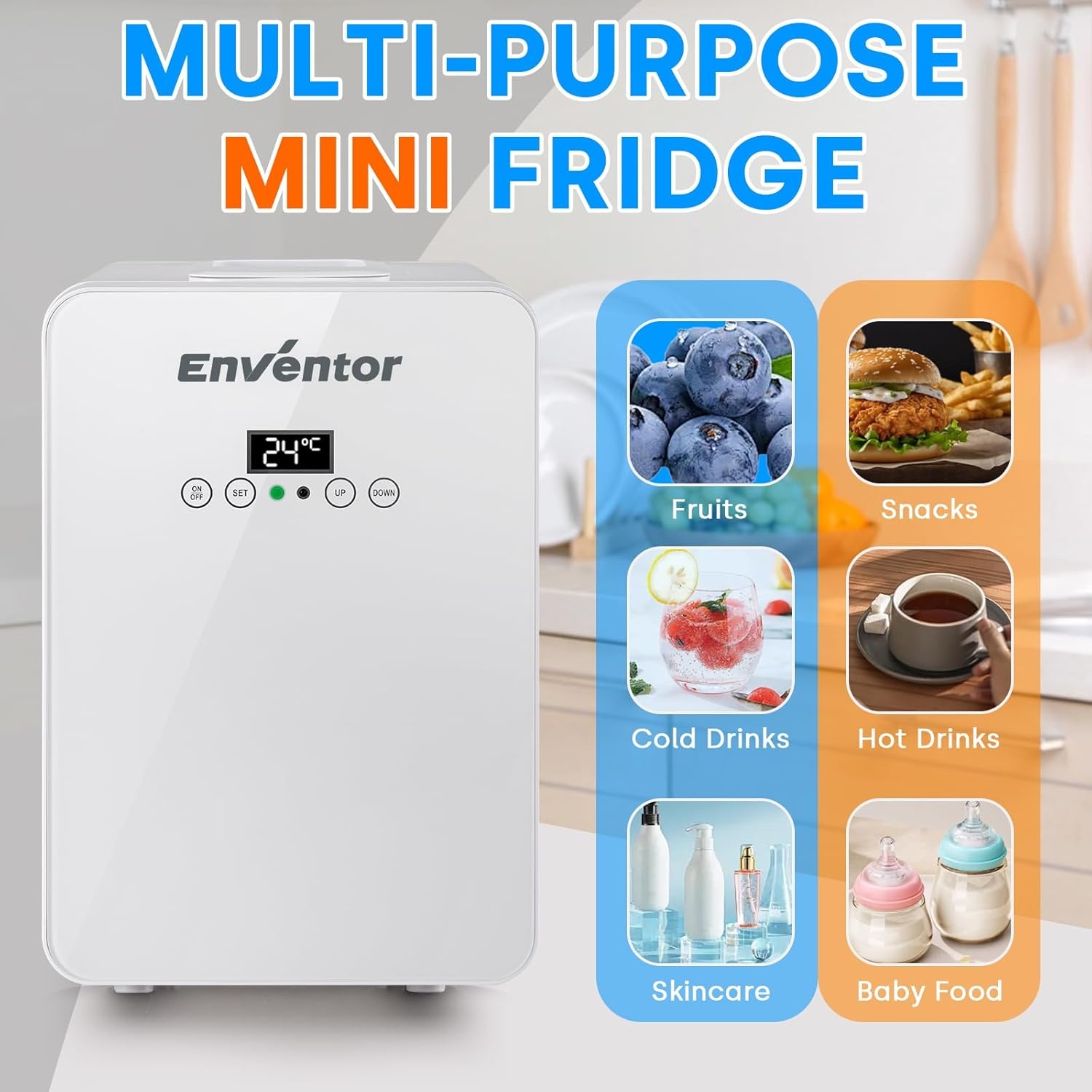 Enventor Minikoelkast 10L, Stille Kleine Koelkast met LCD-Temperatuurdisplay, Warm/Koud-functie, Mini Koelkast voor Huidverzorging, 12V/220V, voor Slaapkamer, Auto, Kantoor, Reizen