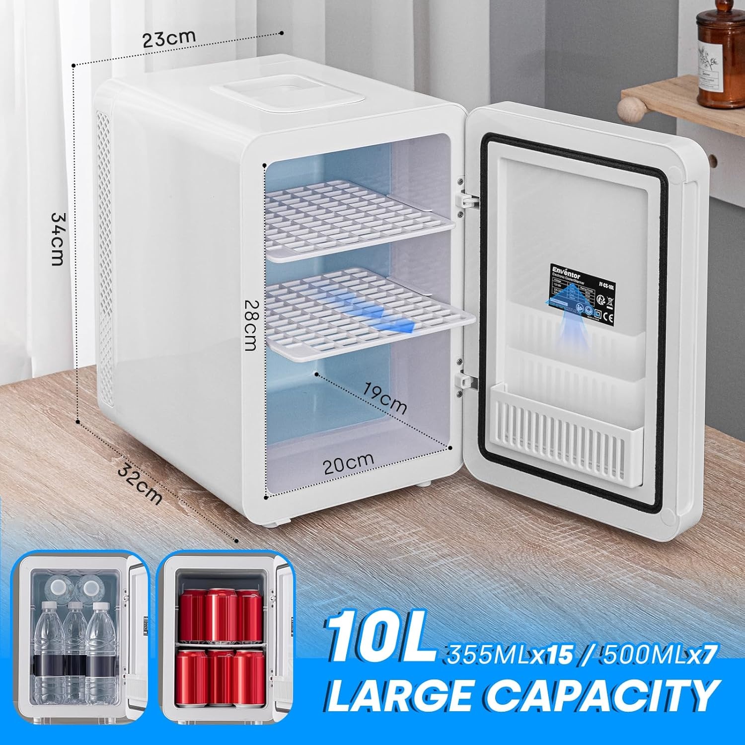 Enventor Minikoelkast 10L, Stille Kleine Koelkast met LCD-Temperatuurdisplay, Warm/Koud-functie, Mini Koelkast voor Huidverzorging, 12V/220V, voor Slaapkamer, Auto, Kantoor, Reizen