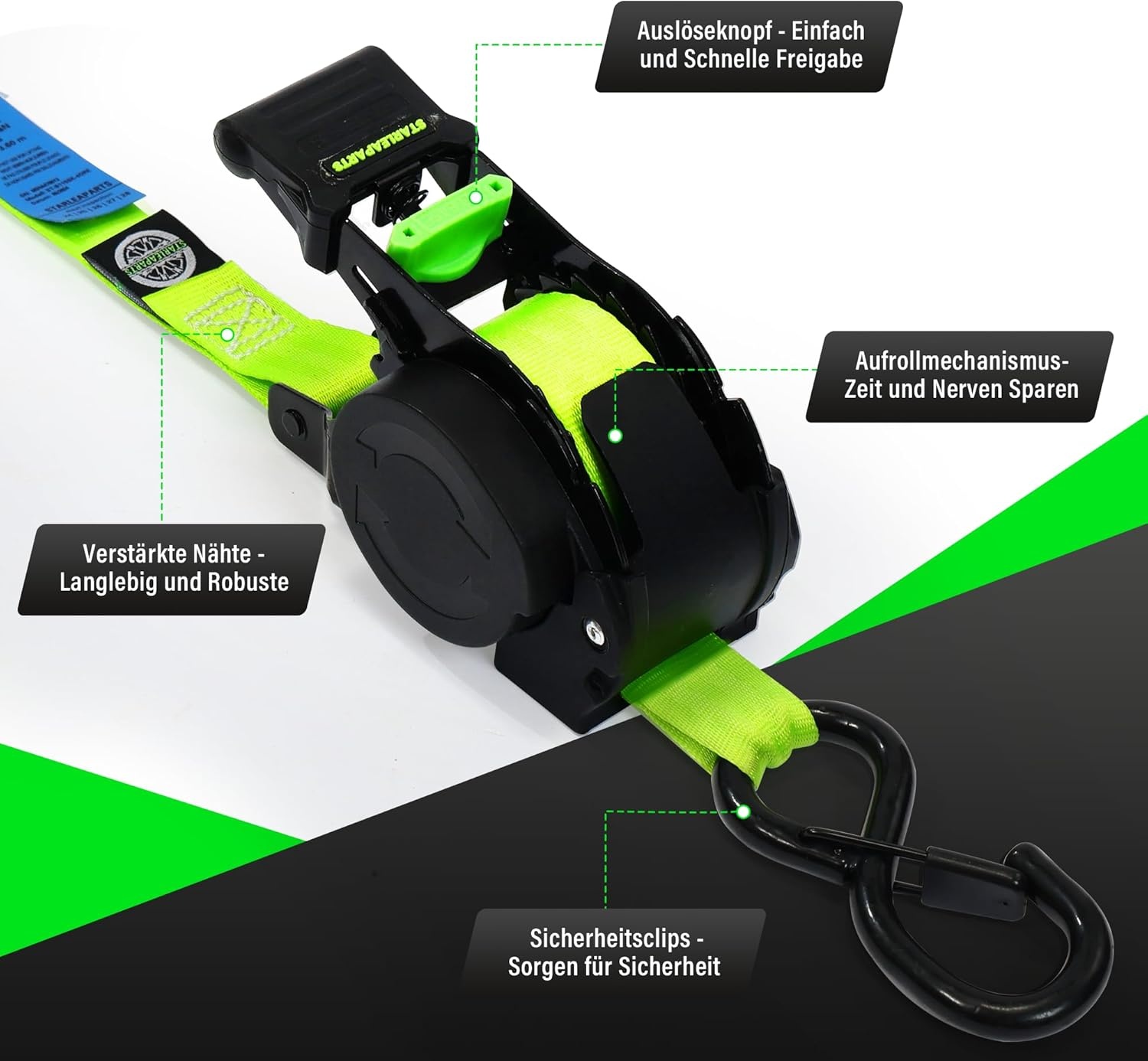 StarLeaparts 4 stuks automatische spanbanden met S-haken, automatische spanriemoproller, 3,6 m x 25 mm, breekkracht 680 kg, intrekbare spanbanden met ratel voor motorfiets, kajak en vrachtwagen, groen