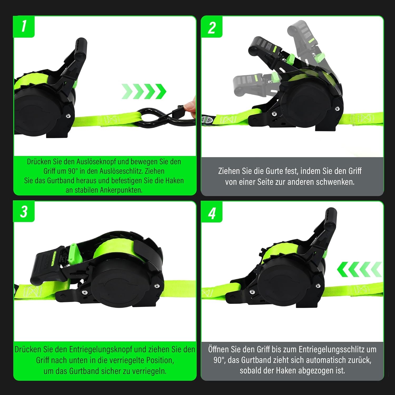 StarLeaparts 4 stuks automatische spanbanden met S-haken, automatische spanriemoproller, 3,6 m x 25 mm, breekkracht 680 kg, intrekbare spanbanden met ratel voor motorfiets, kajak en vrachtwagen, groen