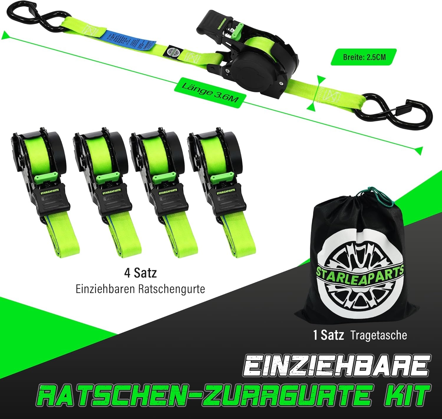StarLeaparts 4 stuks automatische spanbanden met S-haken, automatische spanriemoproller, 3,6 m x 25 mm, breekkracht 680 kg, intrekbare spanbanden met ratel voor motorfiets, kajak en vrachtwagen, groen