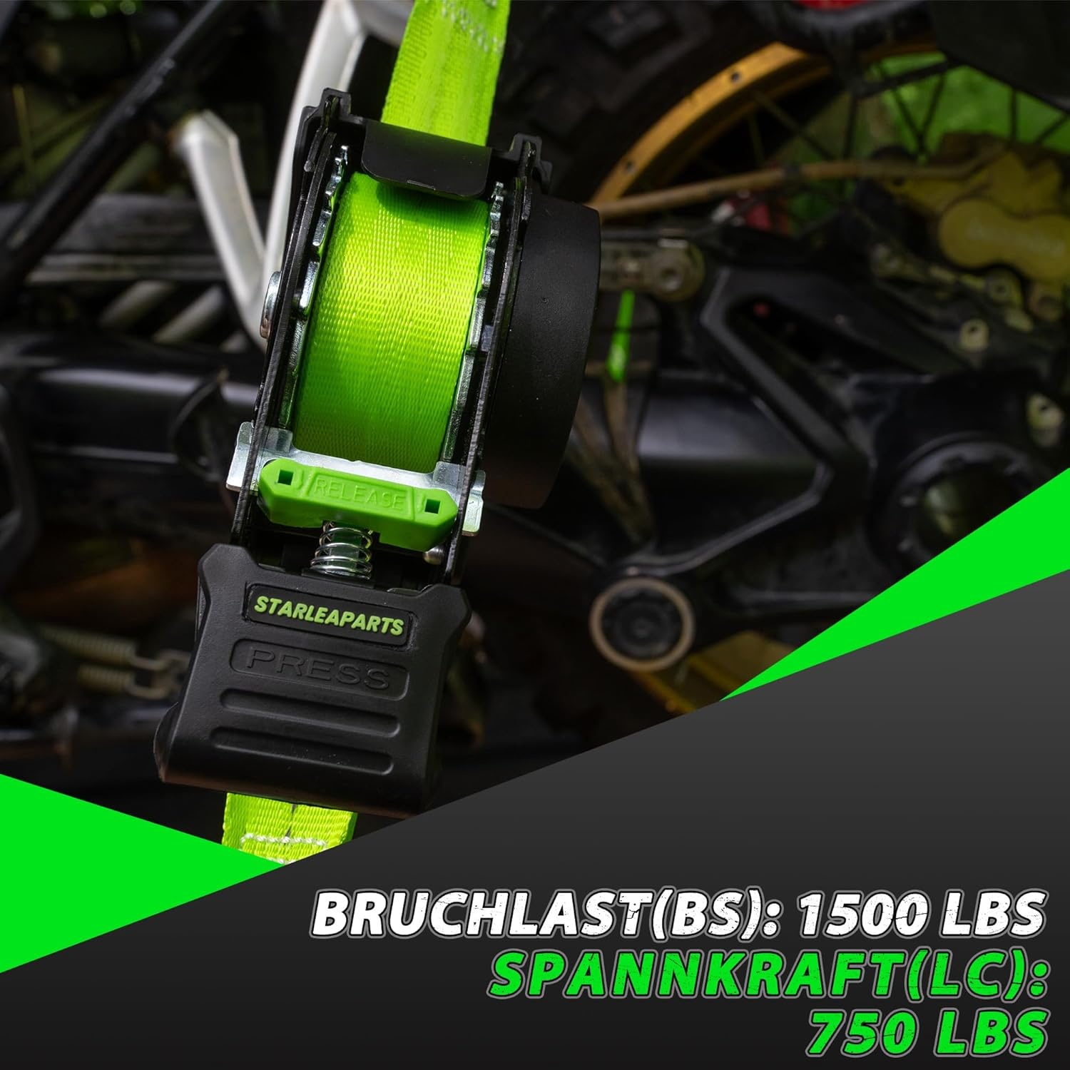 StarLeaparts 4 stuks automatische spanbanden met S-haken, automatische spanriemoproller, 3,6 m x 25 mm, breekkracht 680 kg, intrekbare spanbanden met ratel voor motorfiets, kajak en vrachtwagen, groen