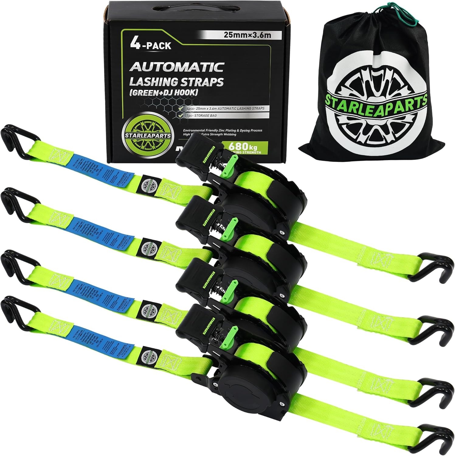 StarLeaparts 4 stuks automatische spanbanden met S-haken, automatische spanriemoproller, 3,6 m x 25 mm, breekkracht 680 kg, intrekbare spanbanden met ratel voor motorfiets, kajak en vrachtwagen, groen