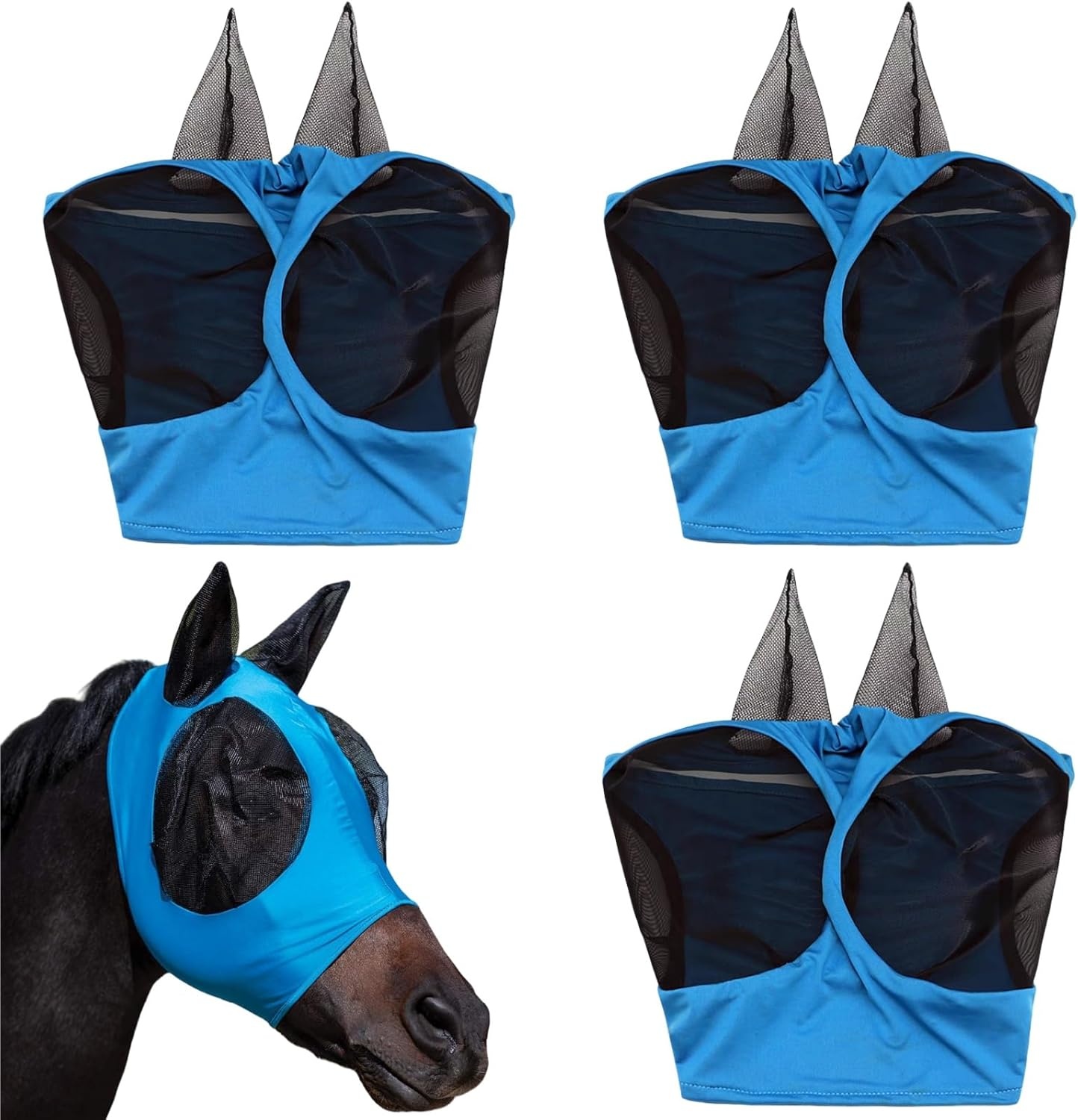 Vliegenmasker, 3 stuks vliegenmasker met oren, fleece voering met oorbescherming, vliegenmasker, vliegenmasker, vliegenmasker, vliegenmasker, vliegenmasker, ademend mesh-paardenmasker