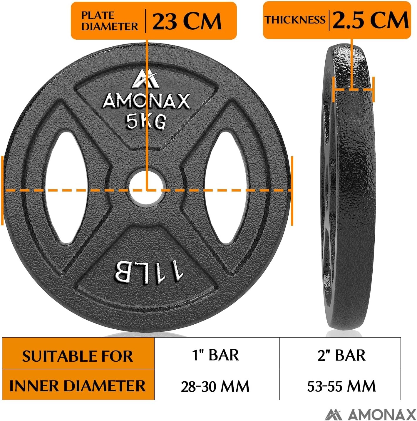Amonax Halterschijvenset Gietijzeren, 2,5 Kg, 5 Kg, 10 Kg Halterplaten Voor 1 & 2 Inch Olympische Halterschijven, Metalen Halterplaten Voor Gewichtheffen, Stalen Halterschijven