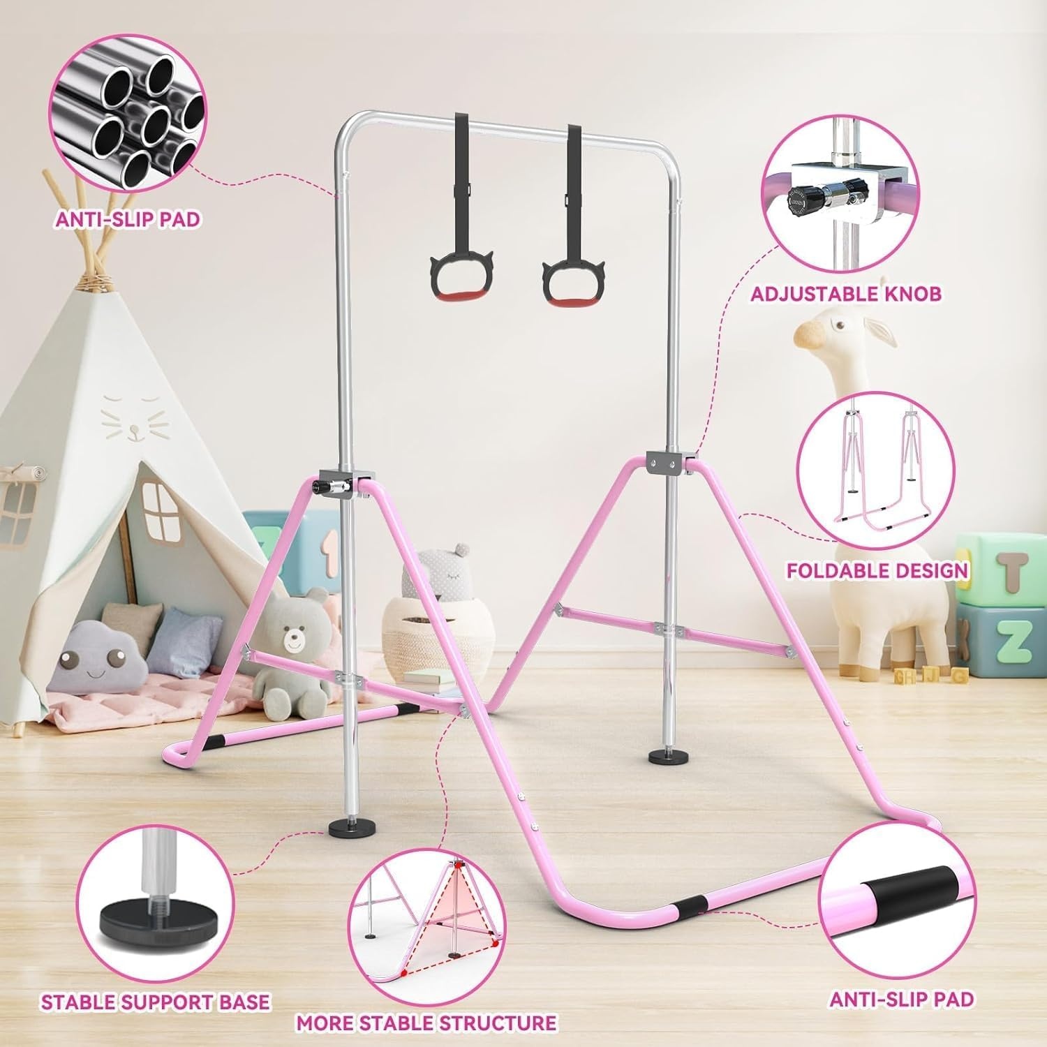 Gymnastiekstang, in hoogte verstelbaar,inklapbaar, horizontaal, met gymnastiekringen