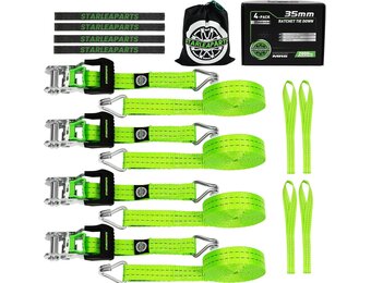 StarLeaparts 4-delige set spanbanden met ratel, 6m x 35mm Twee-delige professionele sjorringen wielspanbanden, spanbanden belastbaar tot 2000kg, Twee-delige ratelgespen voor autotransport PKW