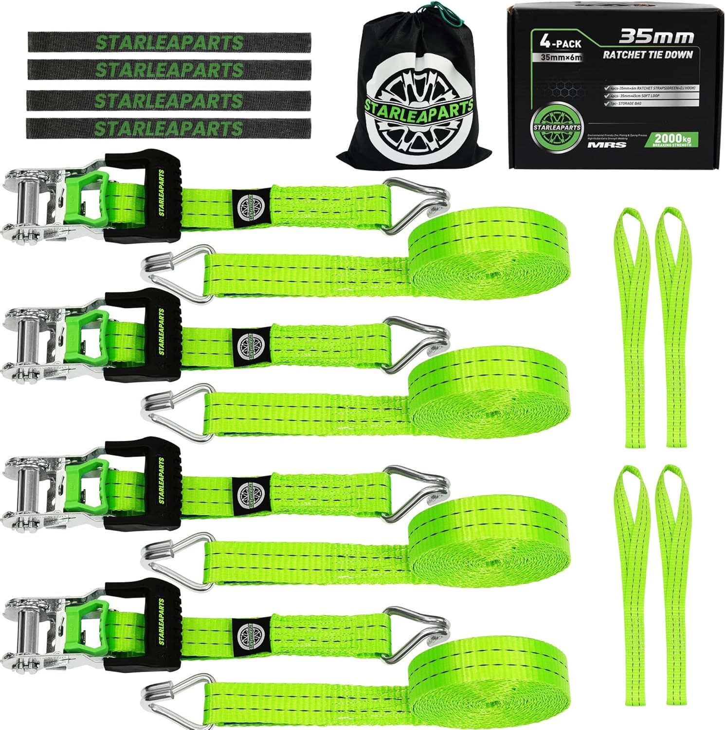 StarLeaparts 4-delige set spanbanden met ratel, 6m x 35mm Twee-delige professionele sjorringen wielspanbanden, spanbanden belastbaar tot 2000kg, Twee-delige ratelgespen voor autotransport PKW