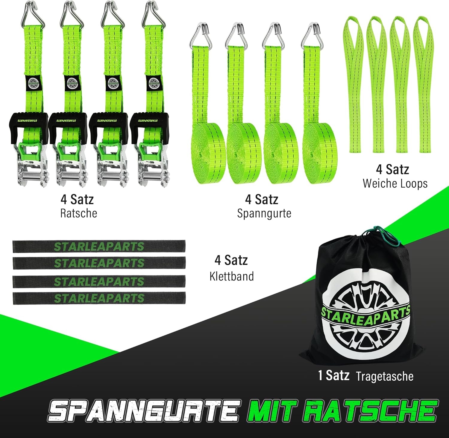 StarLeaparts 4-delige set spanbanden met ratel, 6m x 35mm Twee-delige professionele sjorringen wielspanbanden, spanbanden belastbaar tot 2000kg, Twee-delige ratelgespen voor autotransport PKW