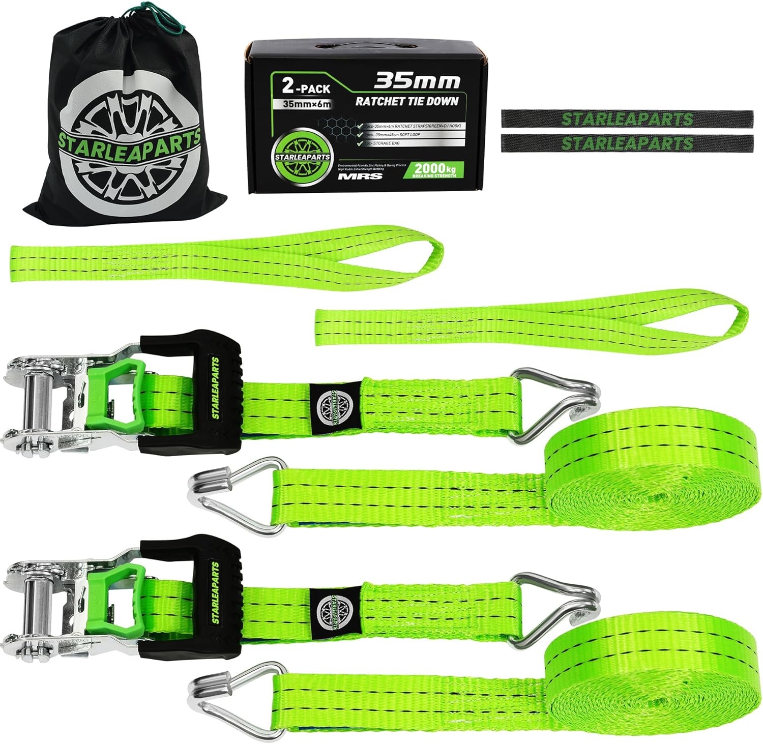 StarLeaparts 4-delige set spanbanden met ratel, 6m x 35mm Twee-delige professionele sjorringen wielspanbanden, spanbanden belastbaar tot 2000kg, Twee-delige ratelgespen voor autotransport PKW