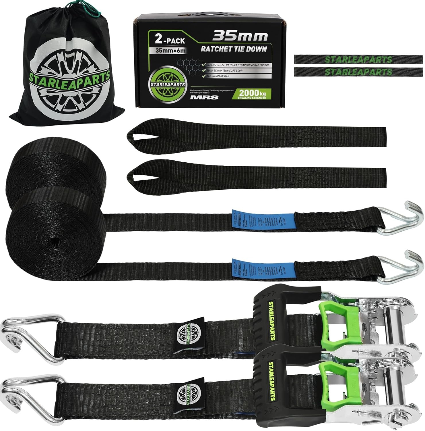 StarLeaparts 4-delige set spanbanden met ratel, 6m x 35mm Twee-delige professionele sjorringen wielspanbanden, spanbanden belastbaar tot 2000kg, Twee-delige ratelgespen voor autotransport PKW