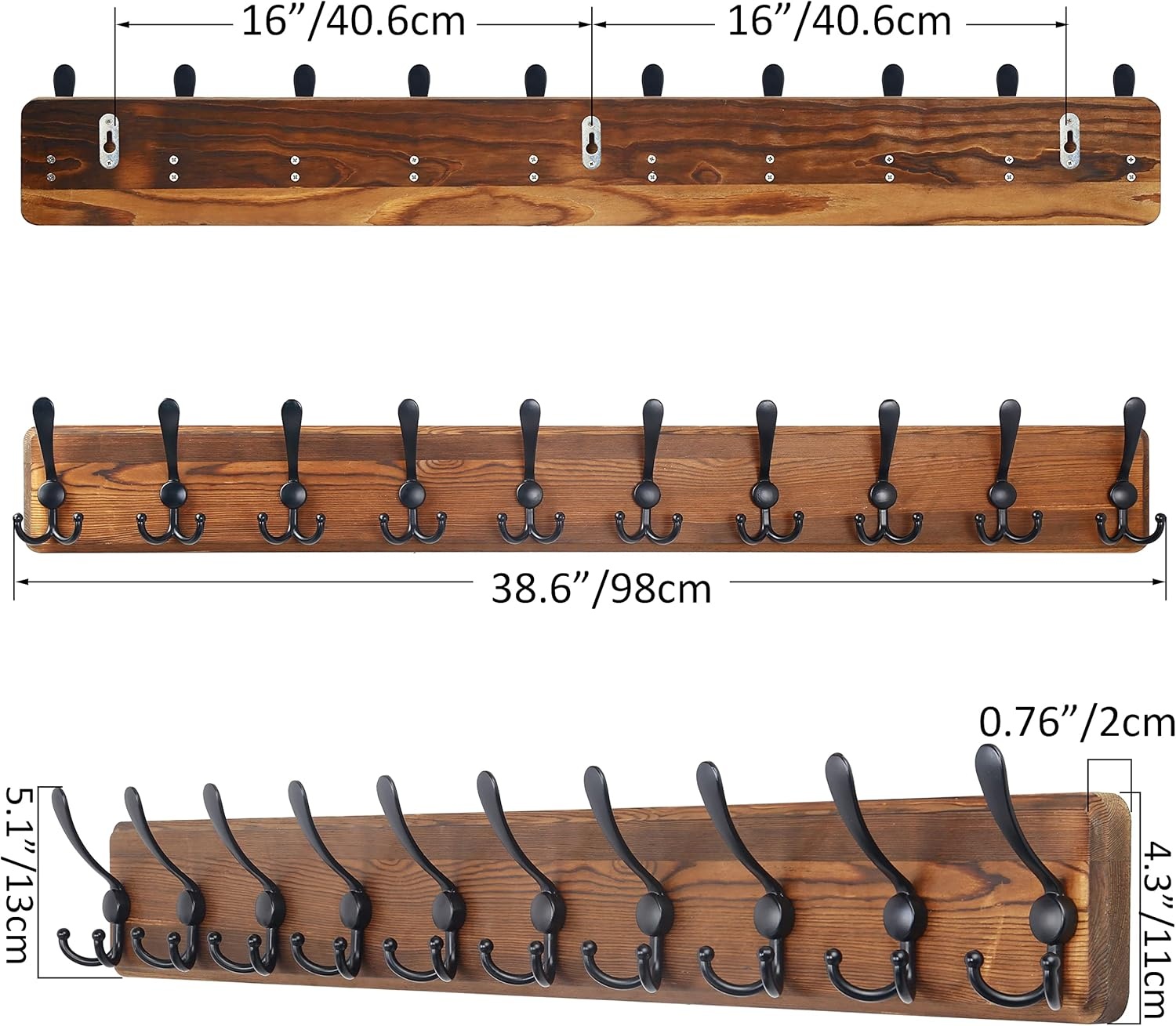 SKOLOO Rustic Large Coat Rack Wall Mount-38.6'' Long Coat Rack for Wall, Wood Coat Rack Hook, Farmhouse Coat Hanger Wall Mount for Hanging Jacket Coat