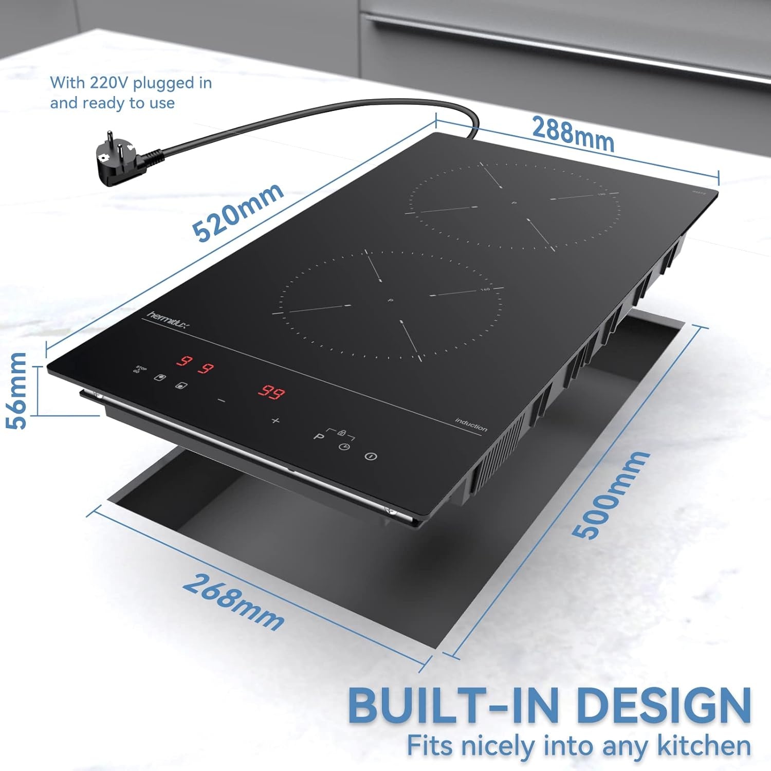 Hermitlux Induction Hob 2 Zones, Built-in Electric Hob with Flex Zone，2800W Electric Cooktop with 9 Power Level