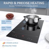 Hermitlux Induction Hob 2 Zones, Built-in Electric Hob with Flex Zone，2800W Electric Cooktop with 9 Power Level