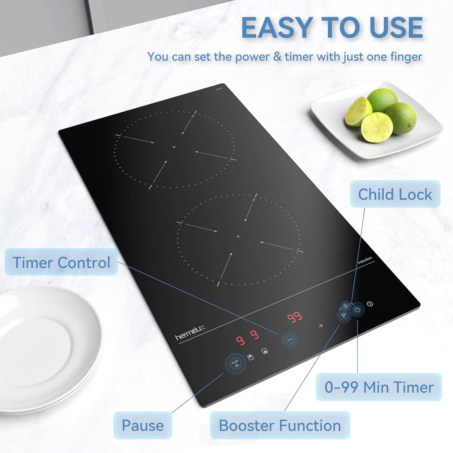 Hermitlux Induction Hob 2 Zones, Built-in Electric Hob with Flex Zone，2800W Electric Cooktop with 9 Power Level