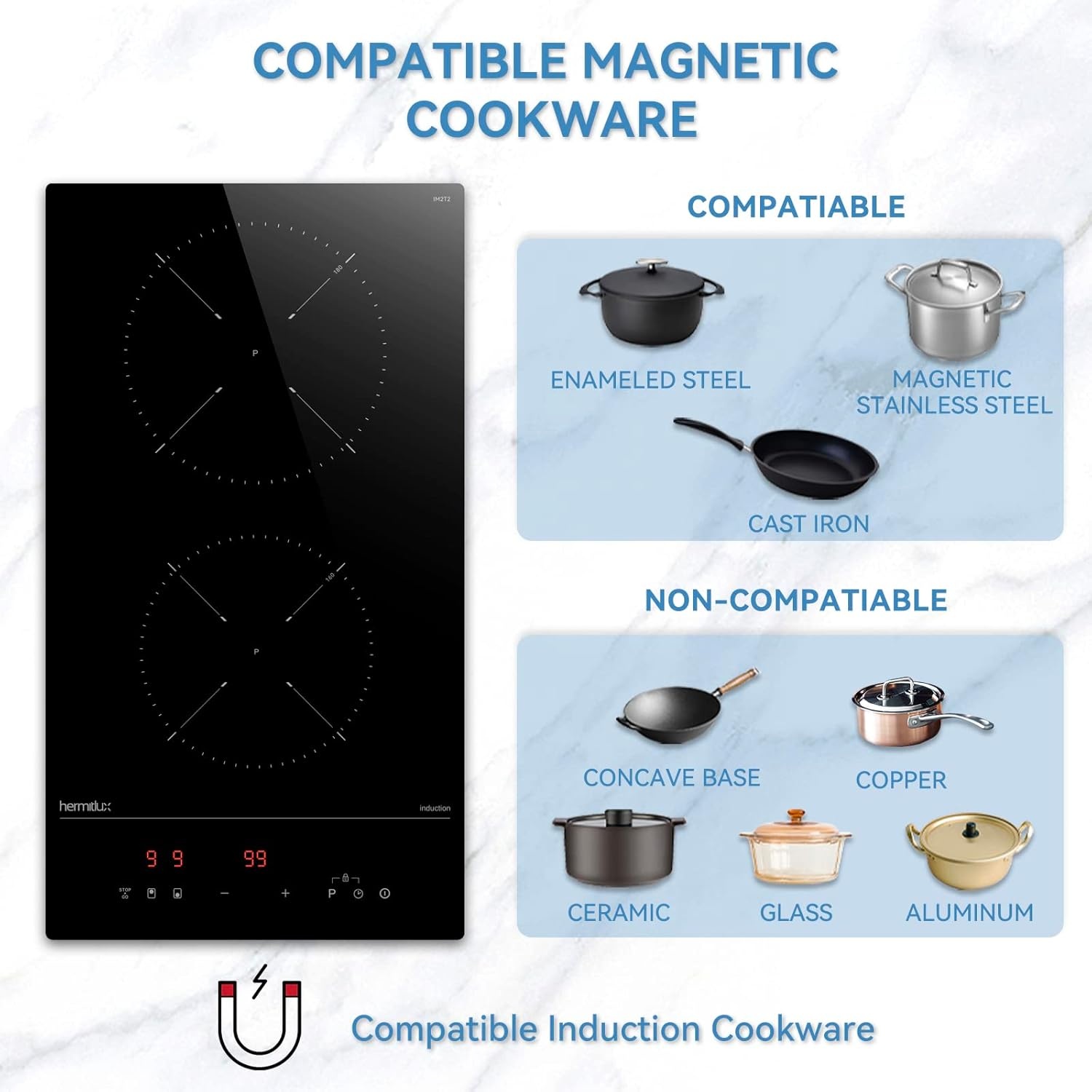 Hermitlux Induction Hob 2 Zones, Built-in Electric Hob with Flex Zone，2800W Electric Cooktop with 9 Power Level