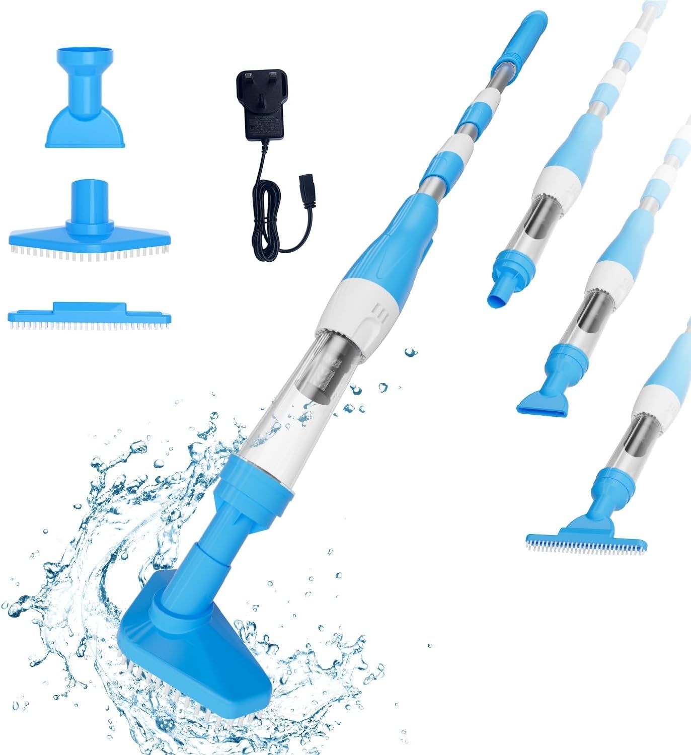 Pool Vacuum Cleaner, 3 in 1 Electric Pool Hoover with Length Adjustable Handle, Rechargeable Vacuum for Spas, Hot Tubs, Small Pools - Running time up to 90 Minutes, Blue