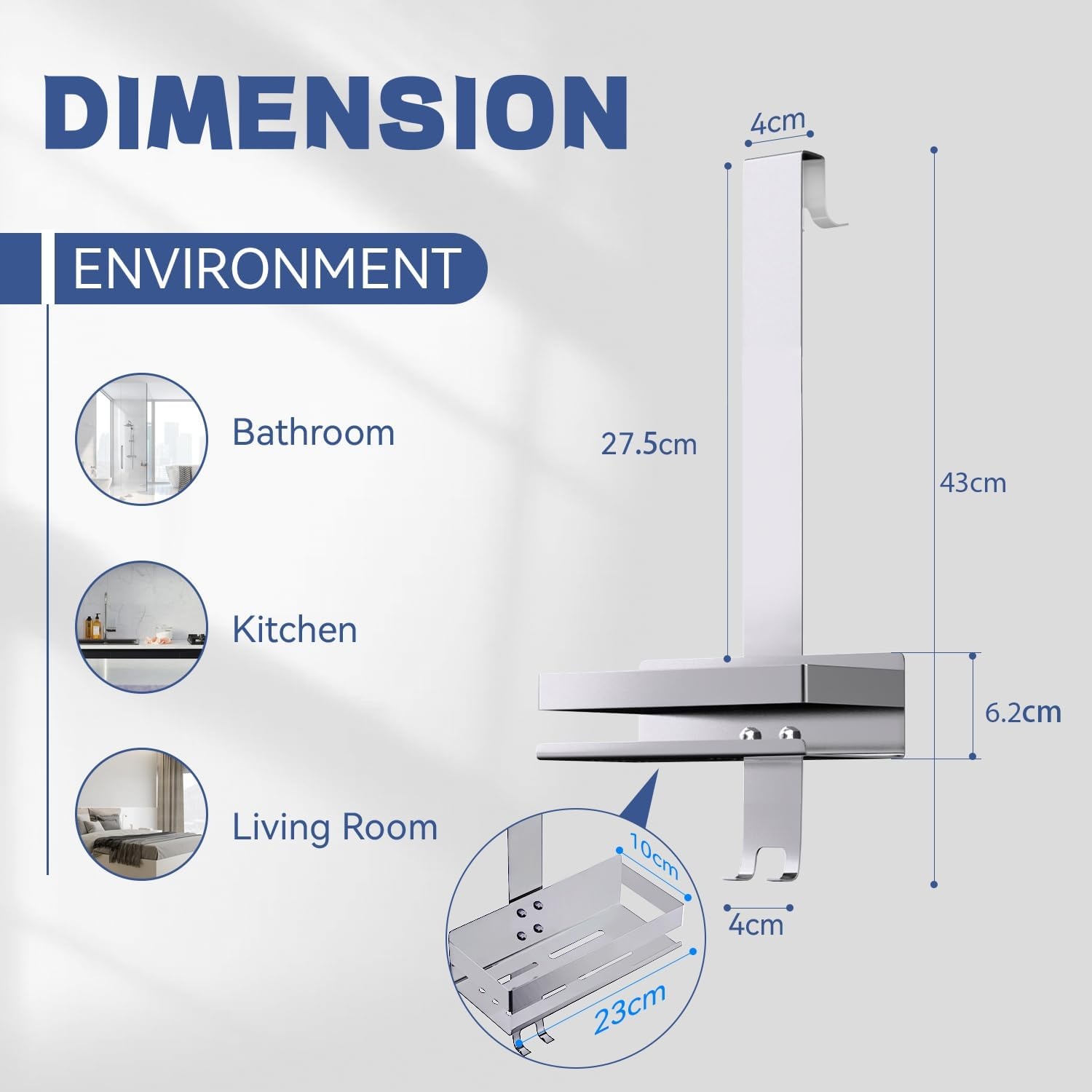 Doucheplank om op te hangen, badkamer, doucheplank zonder boren, SUS 304 roestvrij staal, om op te hangen aan douchedeuren van glas, shampoohouder om op te hangen, zilver