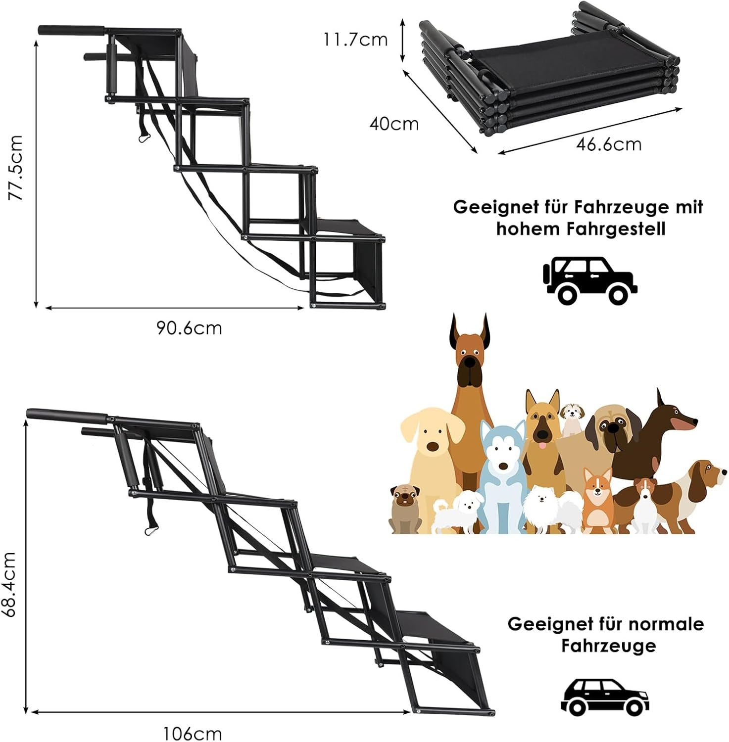 CALIYO Hondentrap, hondenhelling auto, inklapbaar, dierentrap voor grote en kleine honden, hondenladder met verstelbare treden, hondentrap inklapbaar en gemakkelijk op te bergen, hondentrap auto