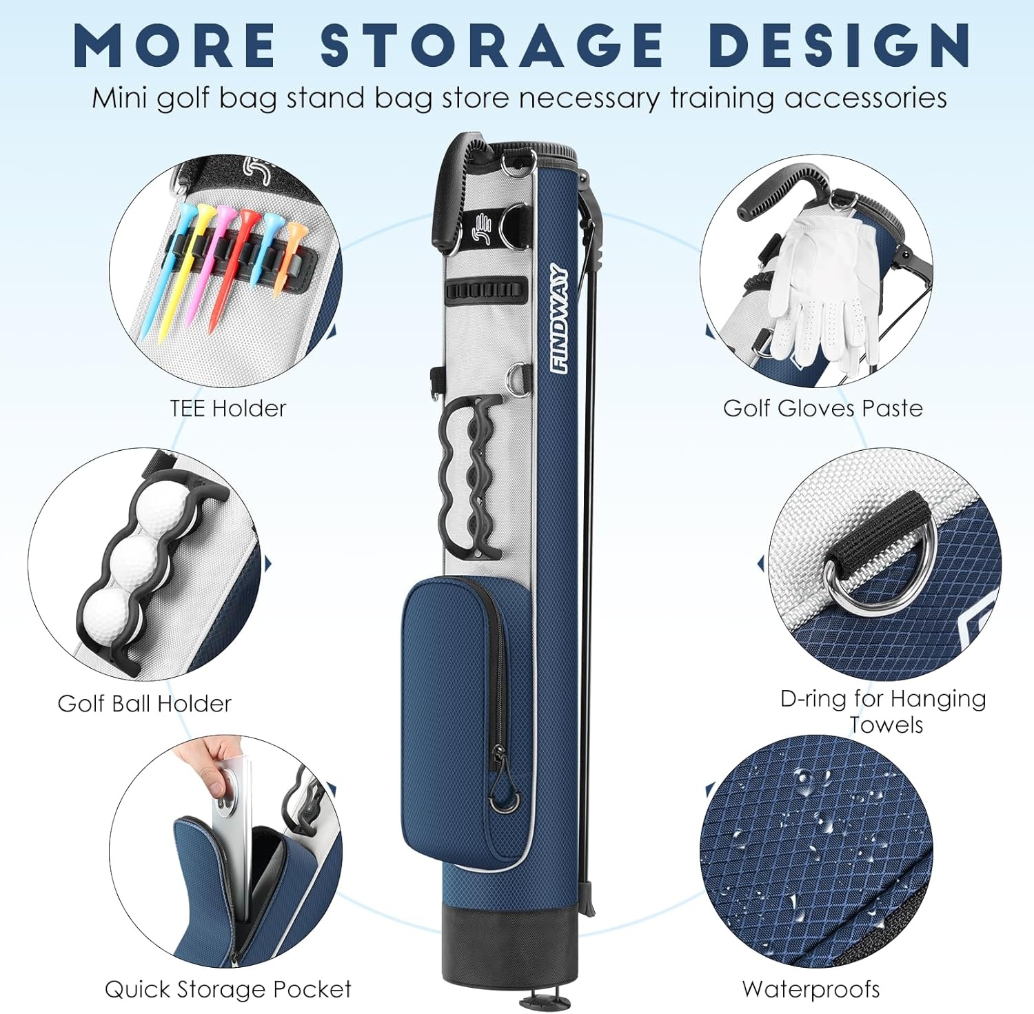 Findway Lichtgewicht Golf Stand Bag, Draagbaar en Duurzaam, Geschikt voor Driving Range, 3-par Course en Executive Course, 31.5 Inch Hoog