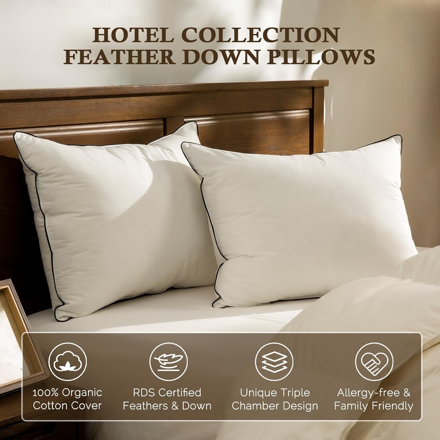 BPC Organic feather down pillows 80x80 Pack of 1 pcs, Luxurious 3-chamber hotel sleeping pillow, 80x80 cm down pillow with 100% cotton cover and goose down filling, White