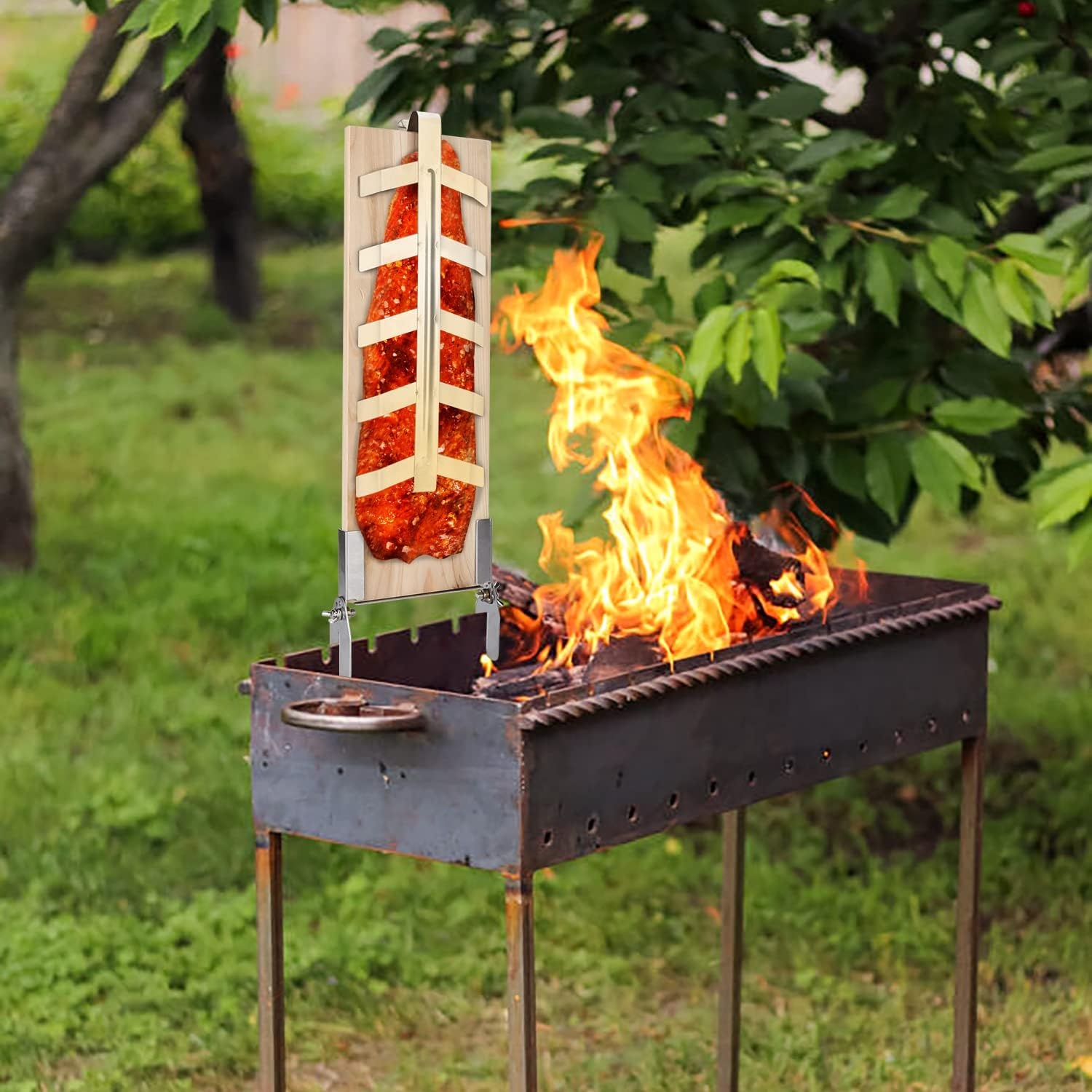 Randaco Zalmplank, rookplank, set van 2, 5 standen instelbaar, met stabiele roestvrijstalen houder, zalm tot 2,5 kg, voor vuurschalen, outdoor, grill, cederhouten plank