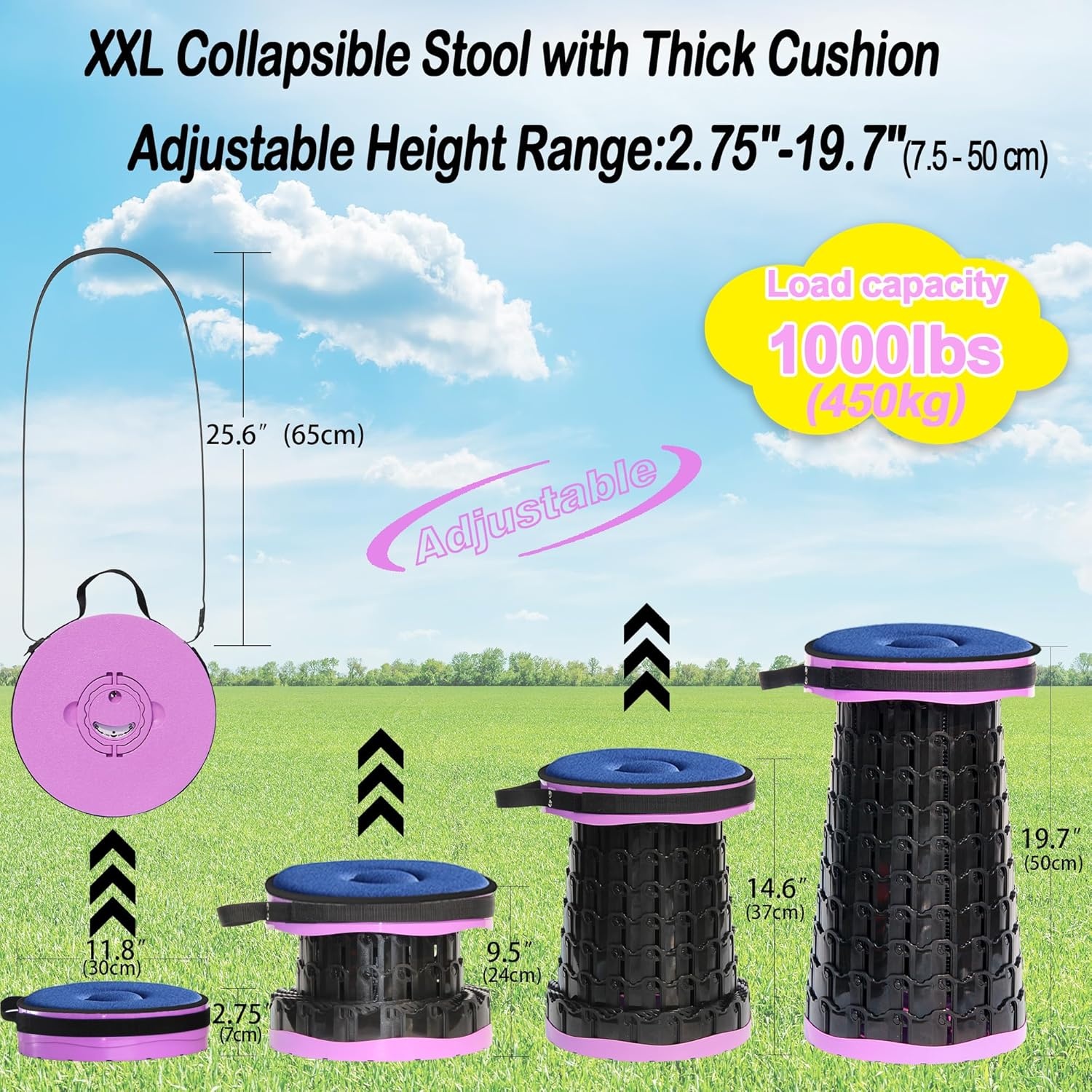 ALEVMOOM Folding Stool XXL 50 cm High with Cushion, Portable Telescopic Stool with 455 kg Capacity, Portable Folding Chair for Camping, Fishing, Hiking and Barbecues