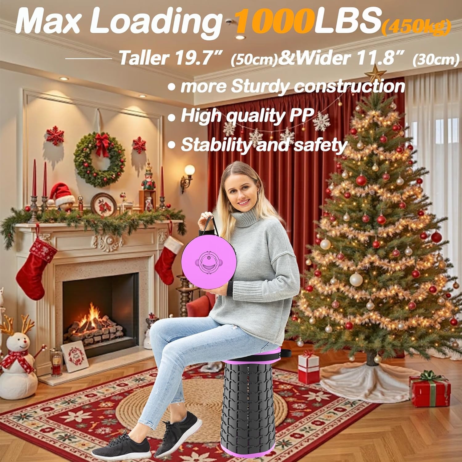 ALEVMOOM Folding Stool XXL 50 cm High with Cushion, Portable Telescopic Stool with 455 kg Capacity, Portable Folding Chair for Camping, Fishing, Hiking and Barbecues