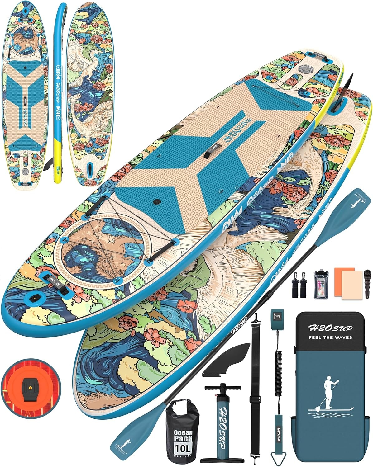 H2OSUP Inflatable SUP Board, 335 x 88 cm, Stand Up Paddle with Premium Accessories, SUP Inflatable Paddle Boards for Adults with 200 kg Capacity for 2 People