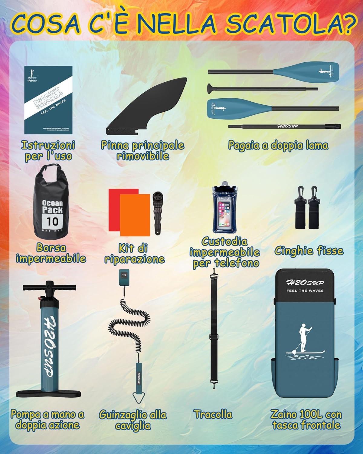 H2OSUP Inflatable SUP Board, 335 x 88 cm, Stand Up Paddle with Premium Accessories, SUP Inflatable Paddle Boards for Adults with 200 kg Capacity for 2 People